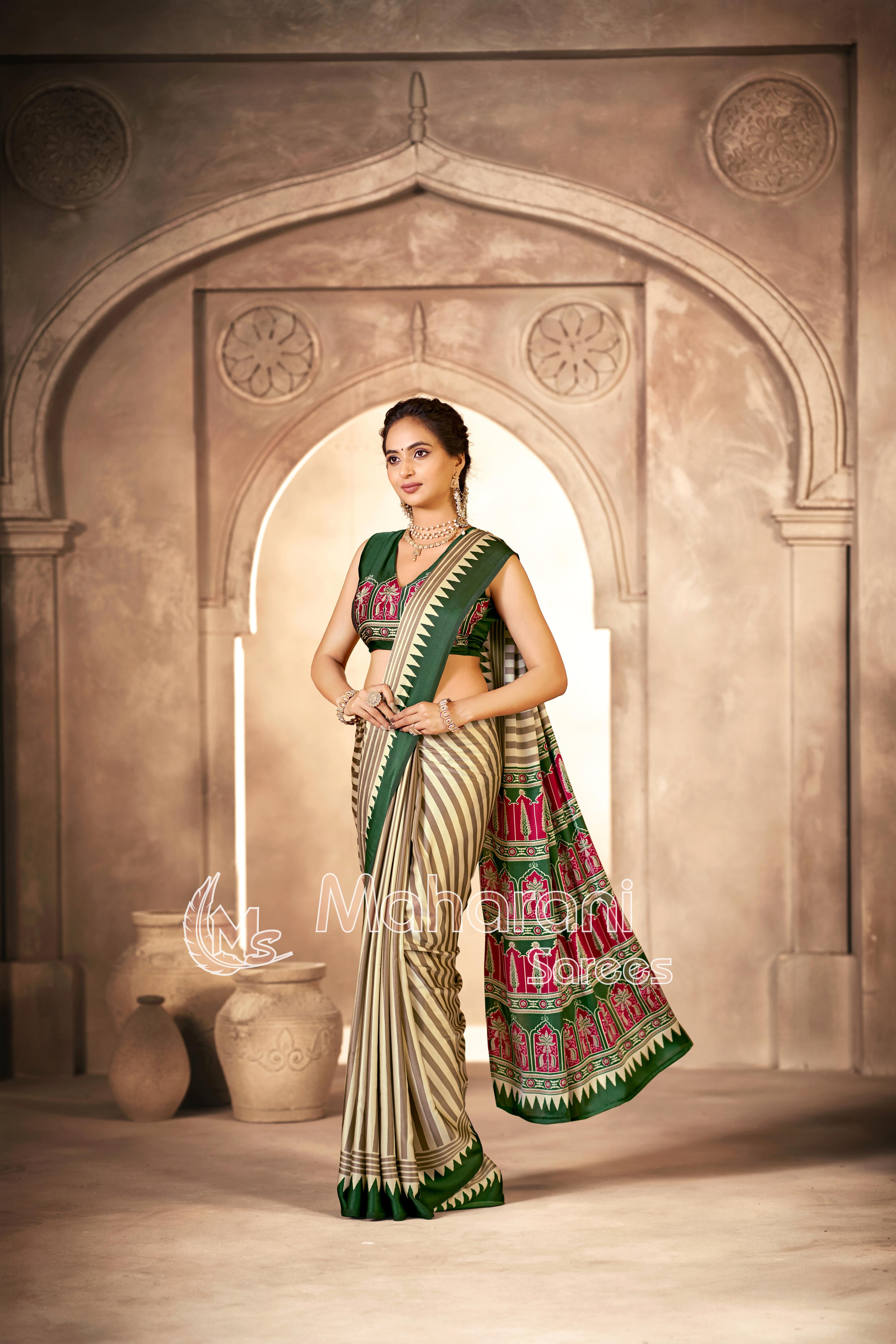 Cream With Green Border Ajrakh Hand-Printed Modal Silk Saree