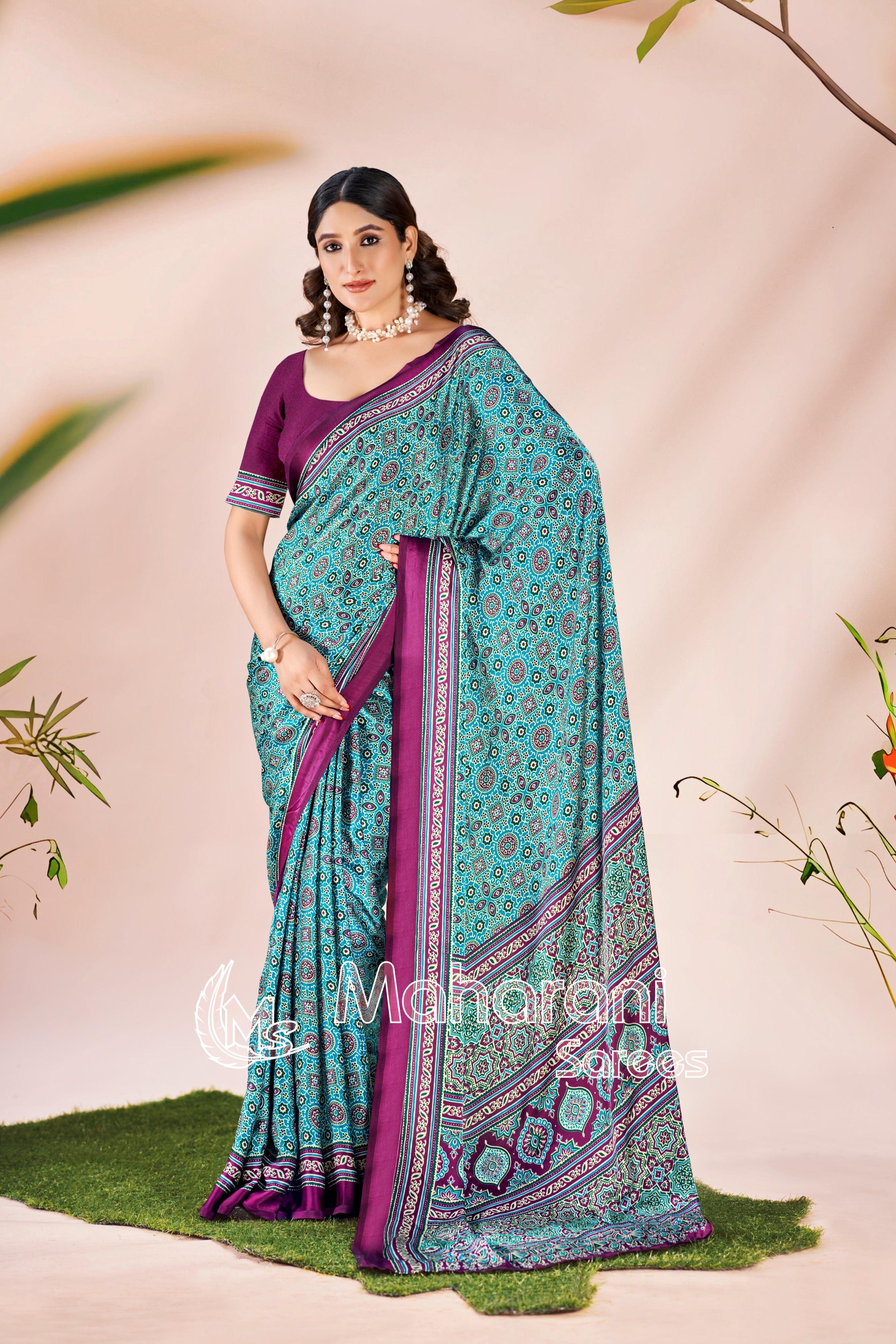 Rama Ajrakh Printed Modal Silk Saree P7