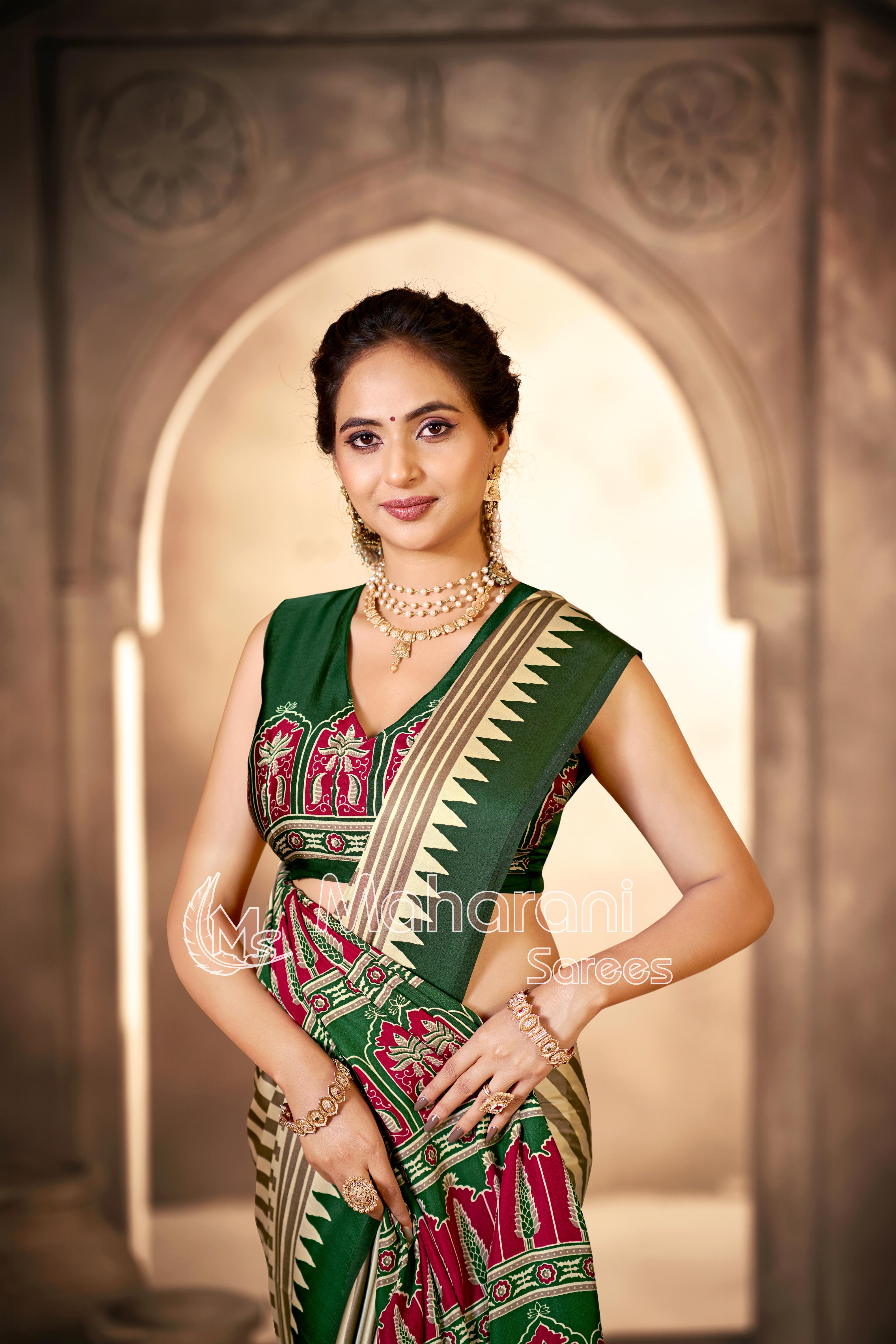 Cream With Green Border Ajrakh Hand-Printed Modal Silk Saree