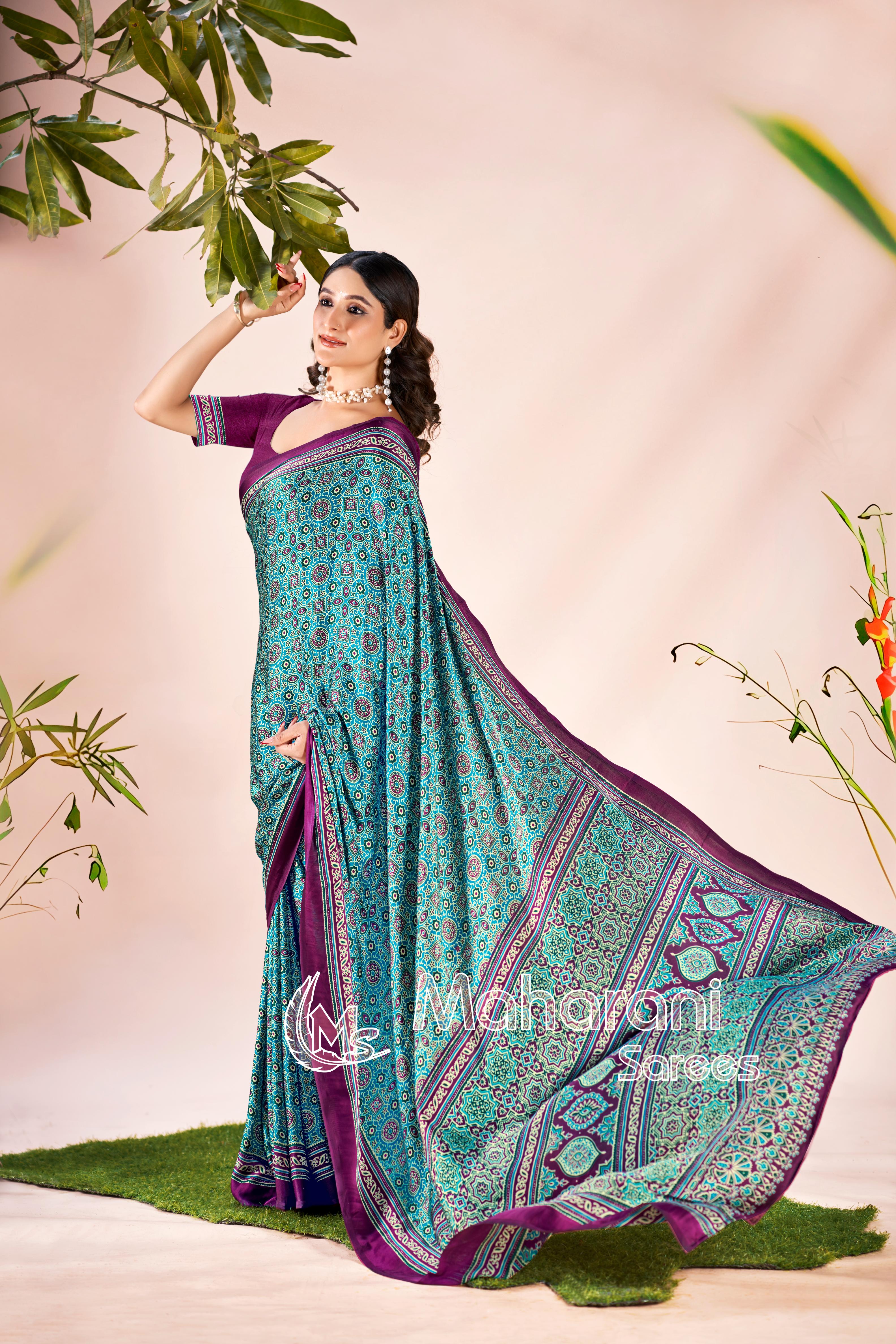 Rama Ajrakh Printed Modal Silk Saree P7