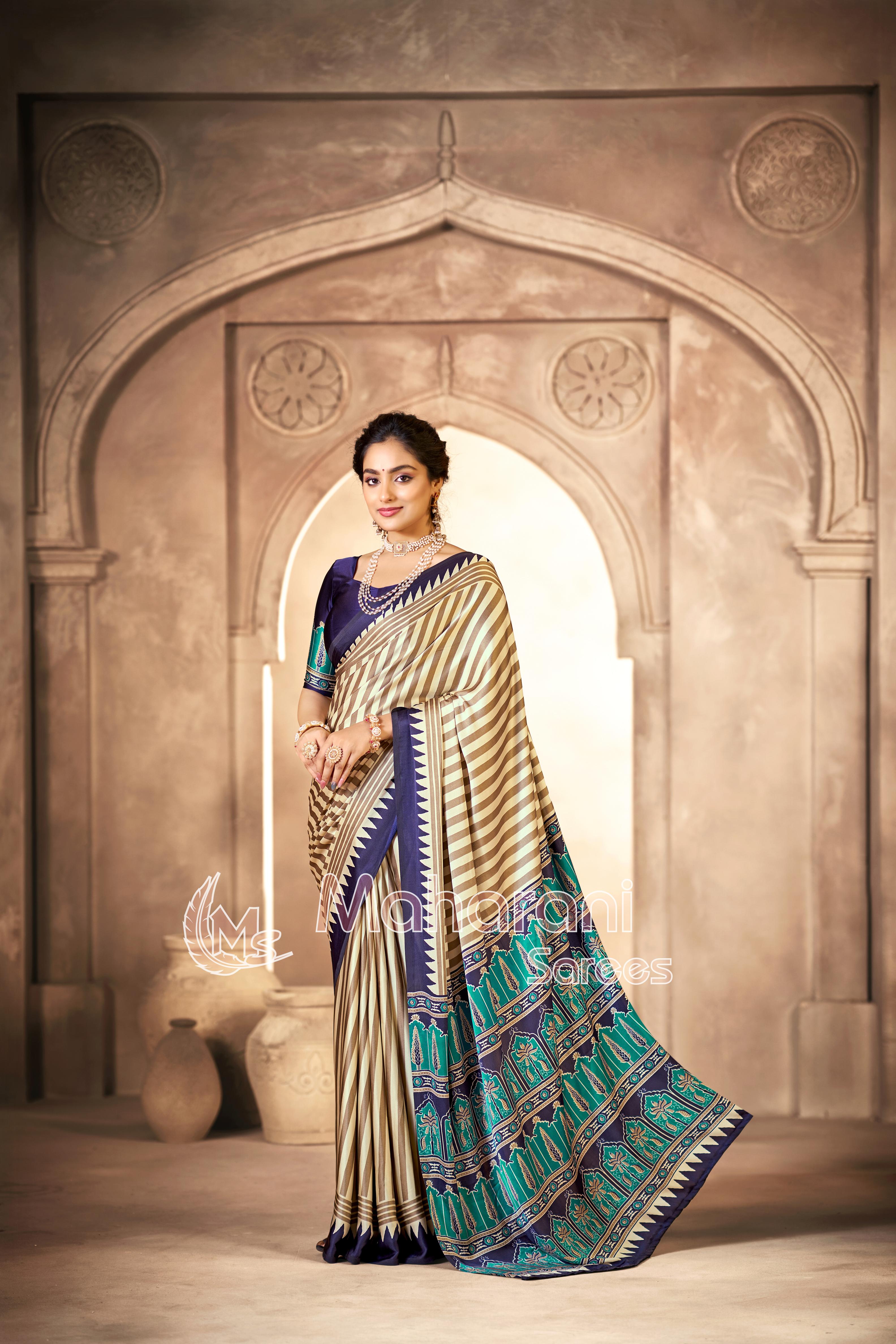 Cream With Blue Border Ajrakh Hand-Printed Modal Silk Saree