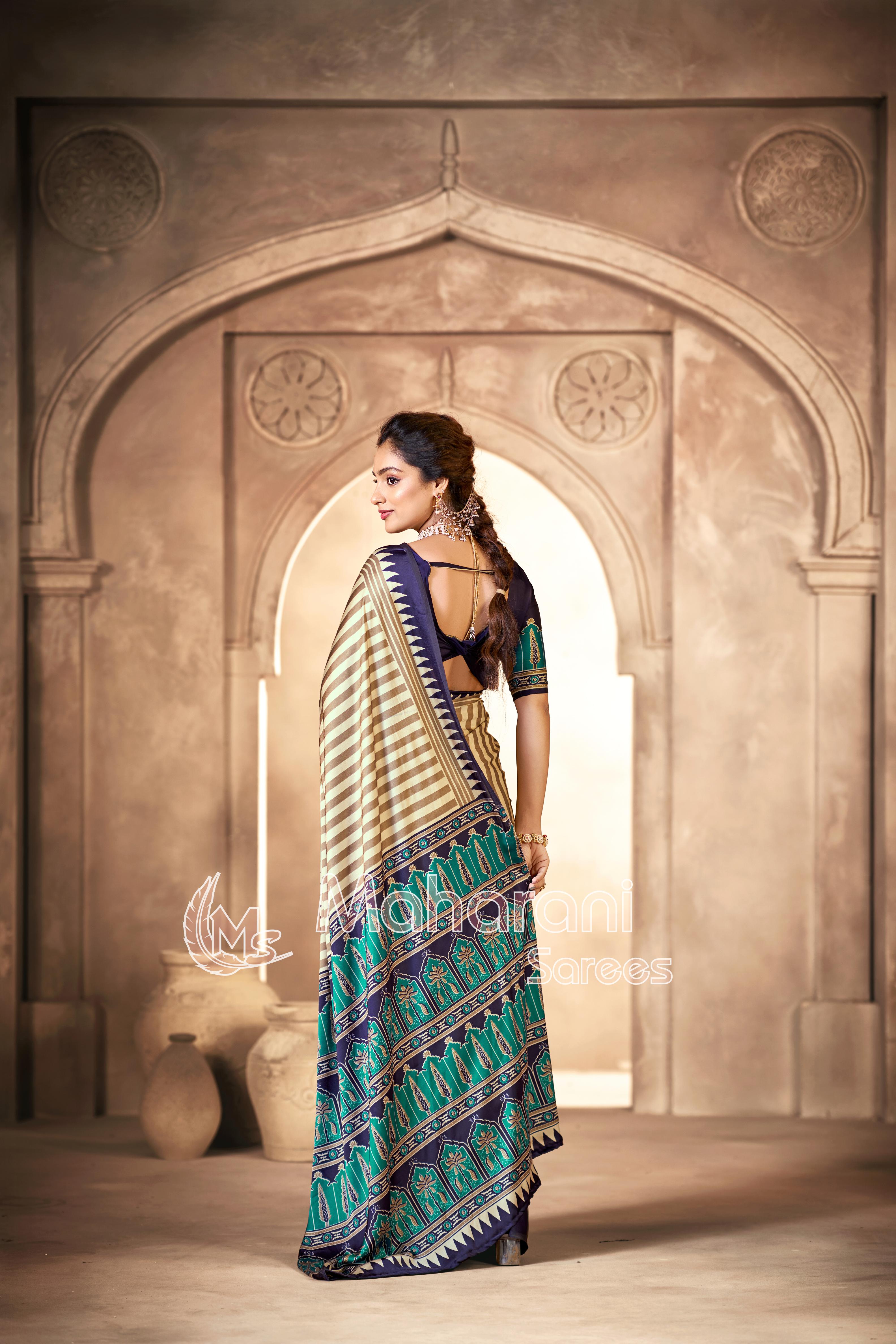 Cream With Blue Border Ajrakh Hand-Printed Modal Silk Saree