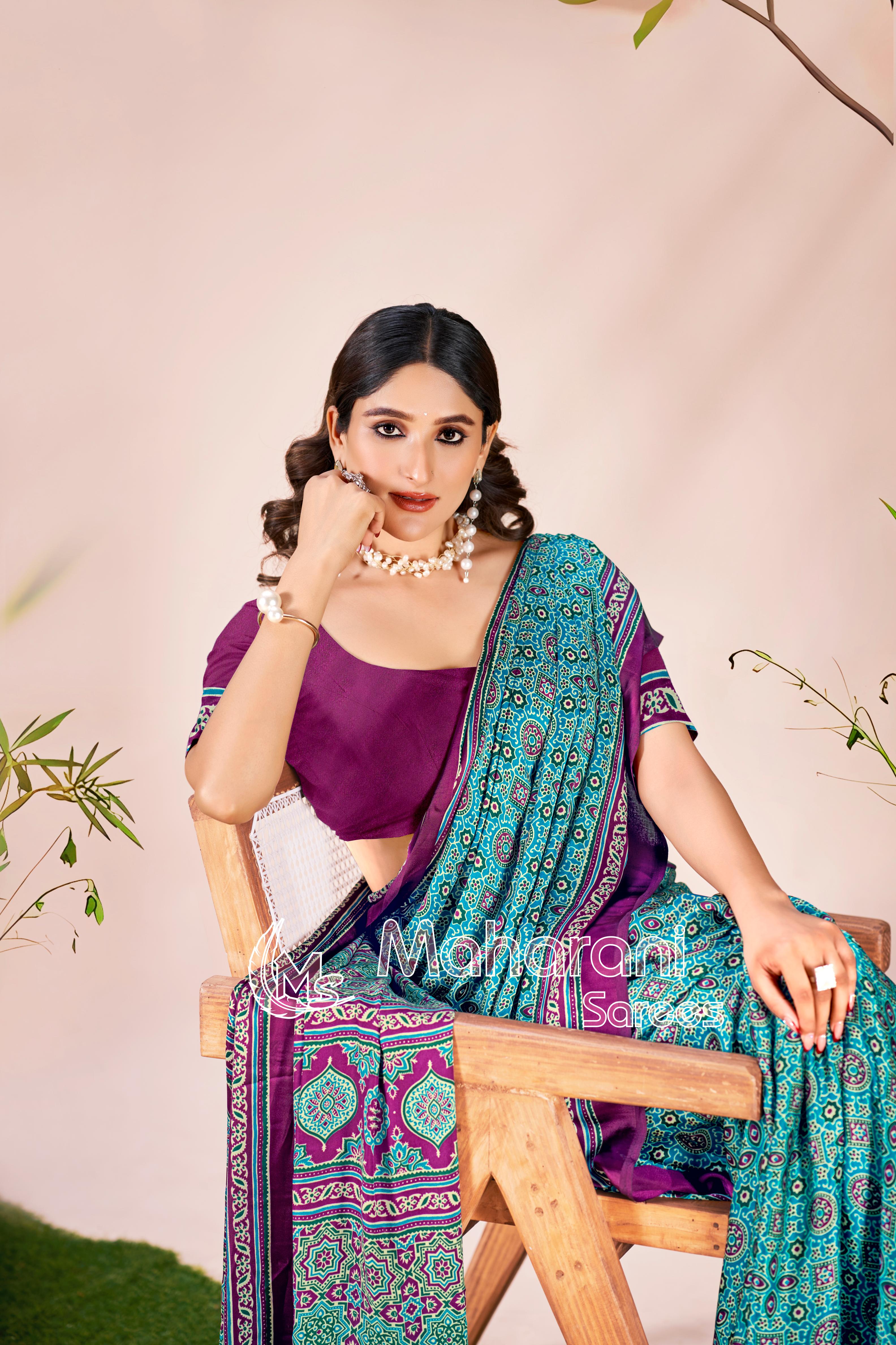 Rama Ajrakh Printed Modal Silk Saree P7