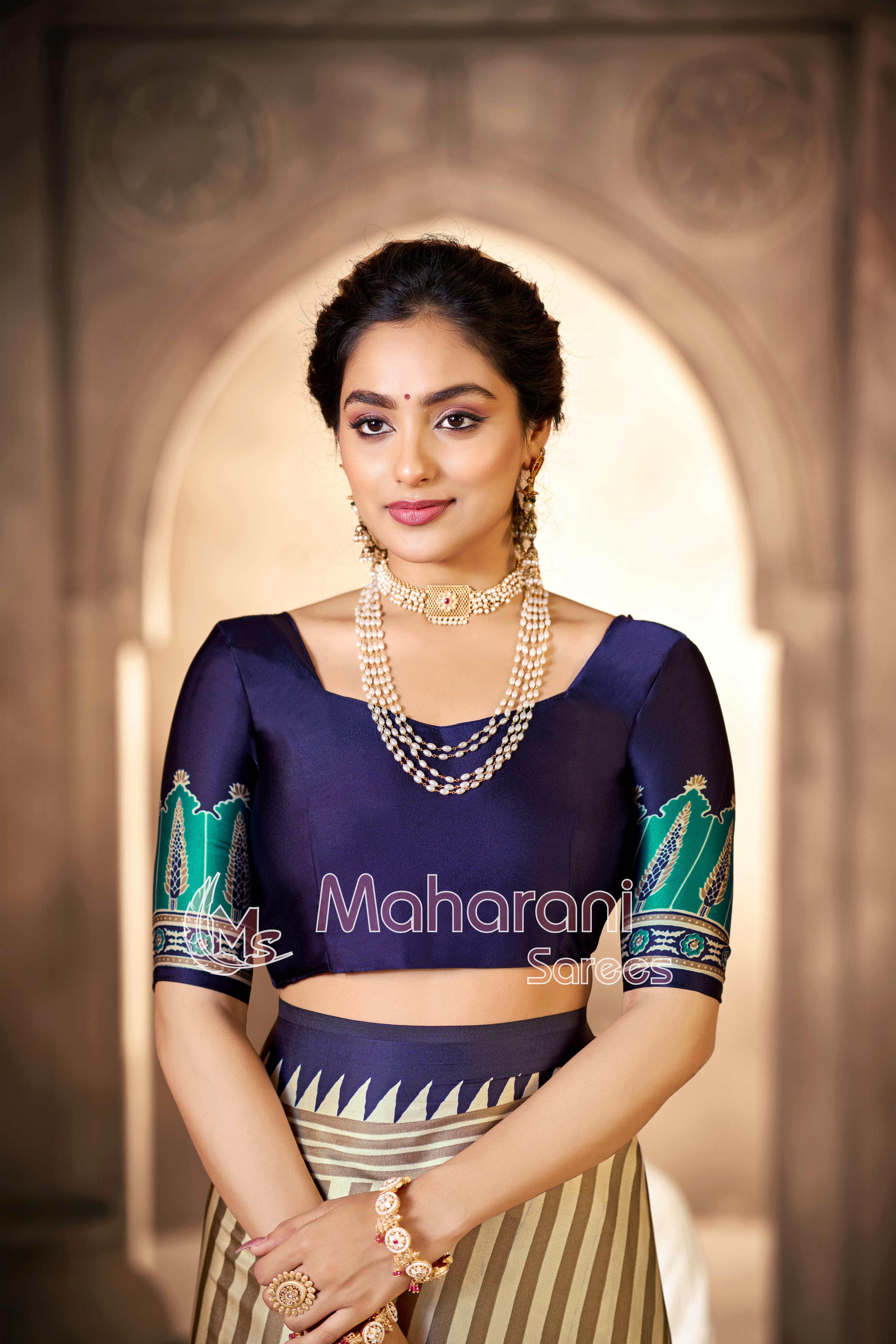 Cream With Blue Border Ajrakh Hand-Printed Modal Silk Saree