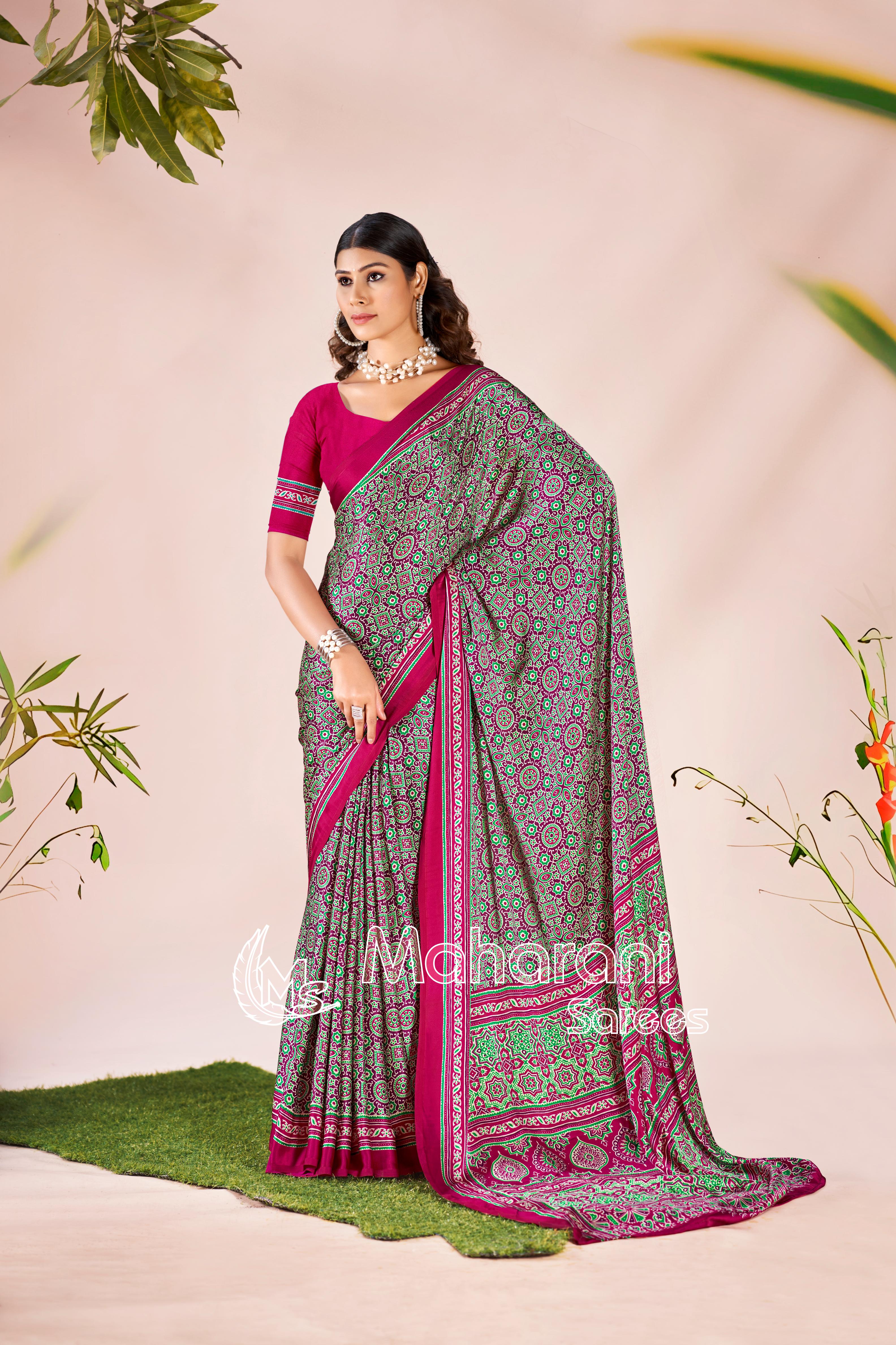 Wine Ajrakh Printed Modal Silk Saree P7