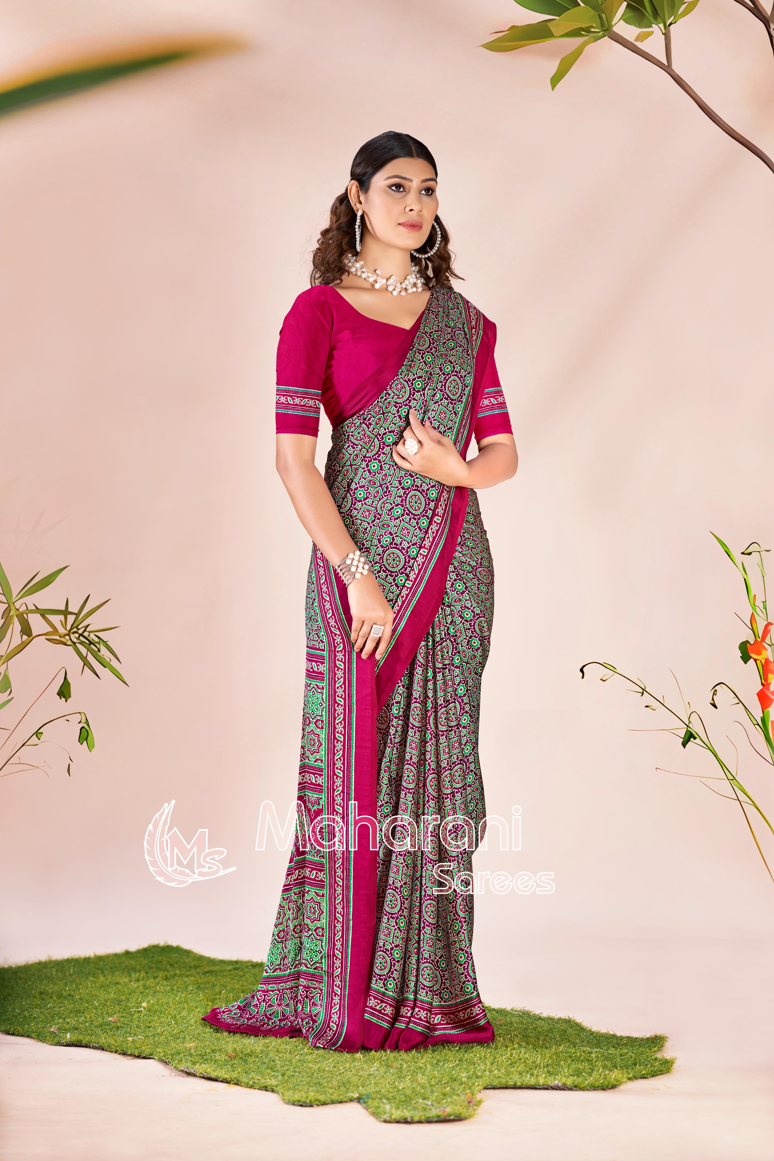 Wine Ajrakh Printed Modal Silk Saree P7