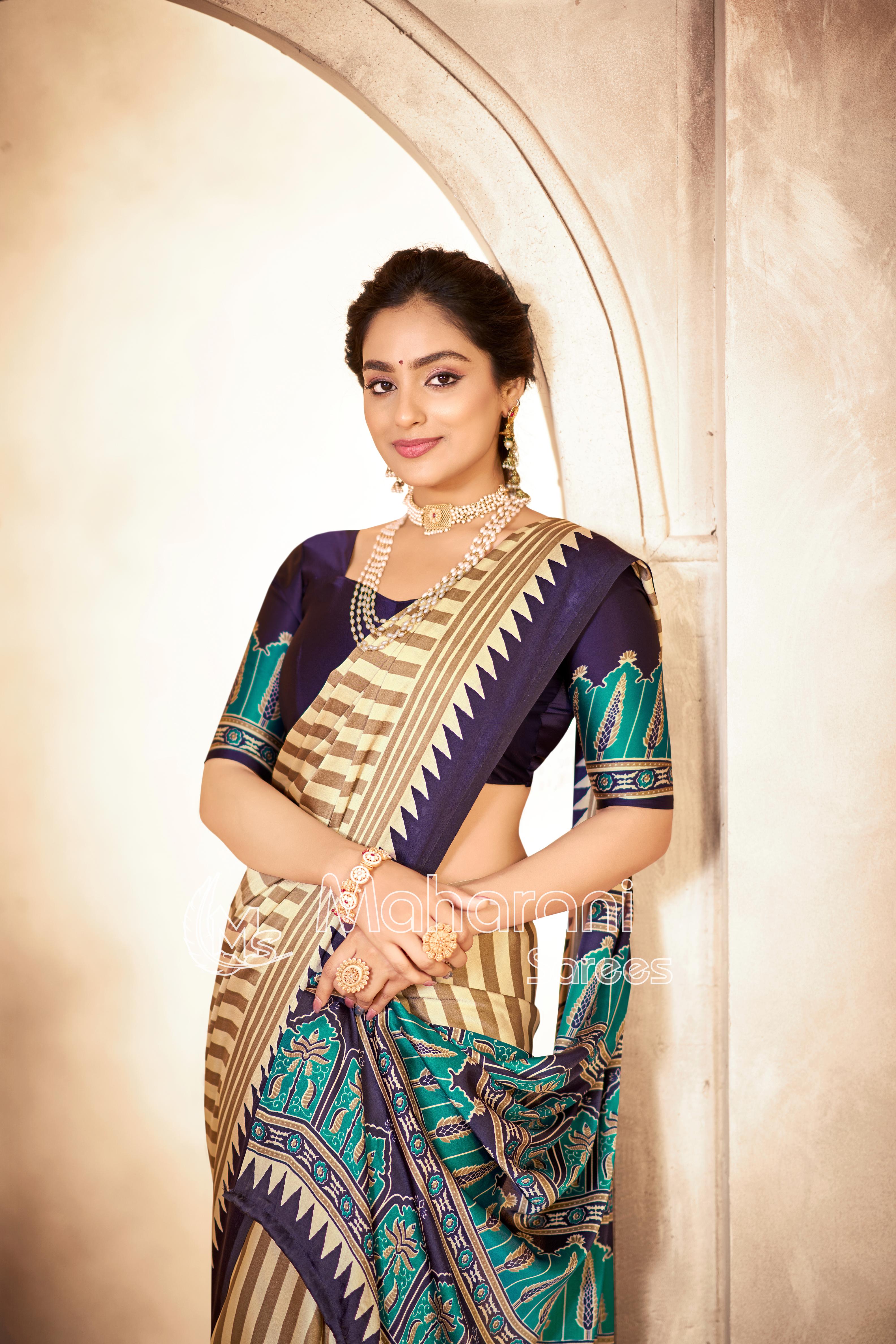 Cream With Blue Border Ajrakh Hand-Printed Modal Silk Saree