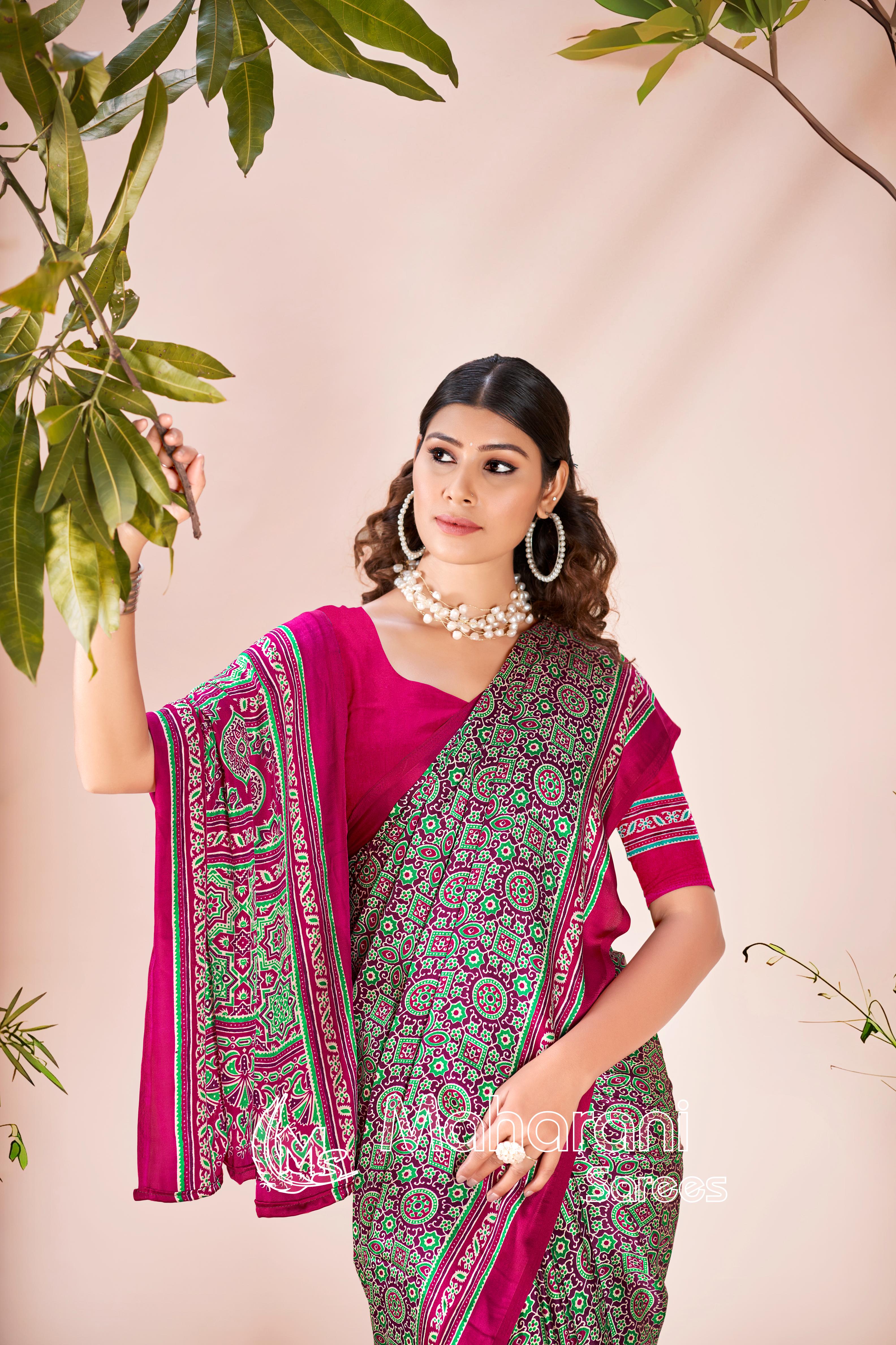 Wine Ajrakh Printed Modal Silk Saree P7