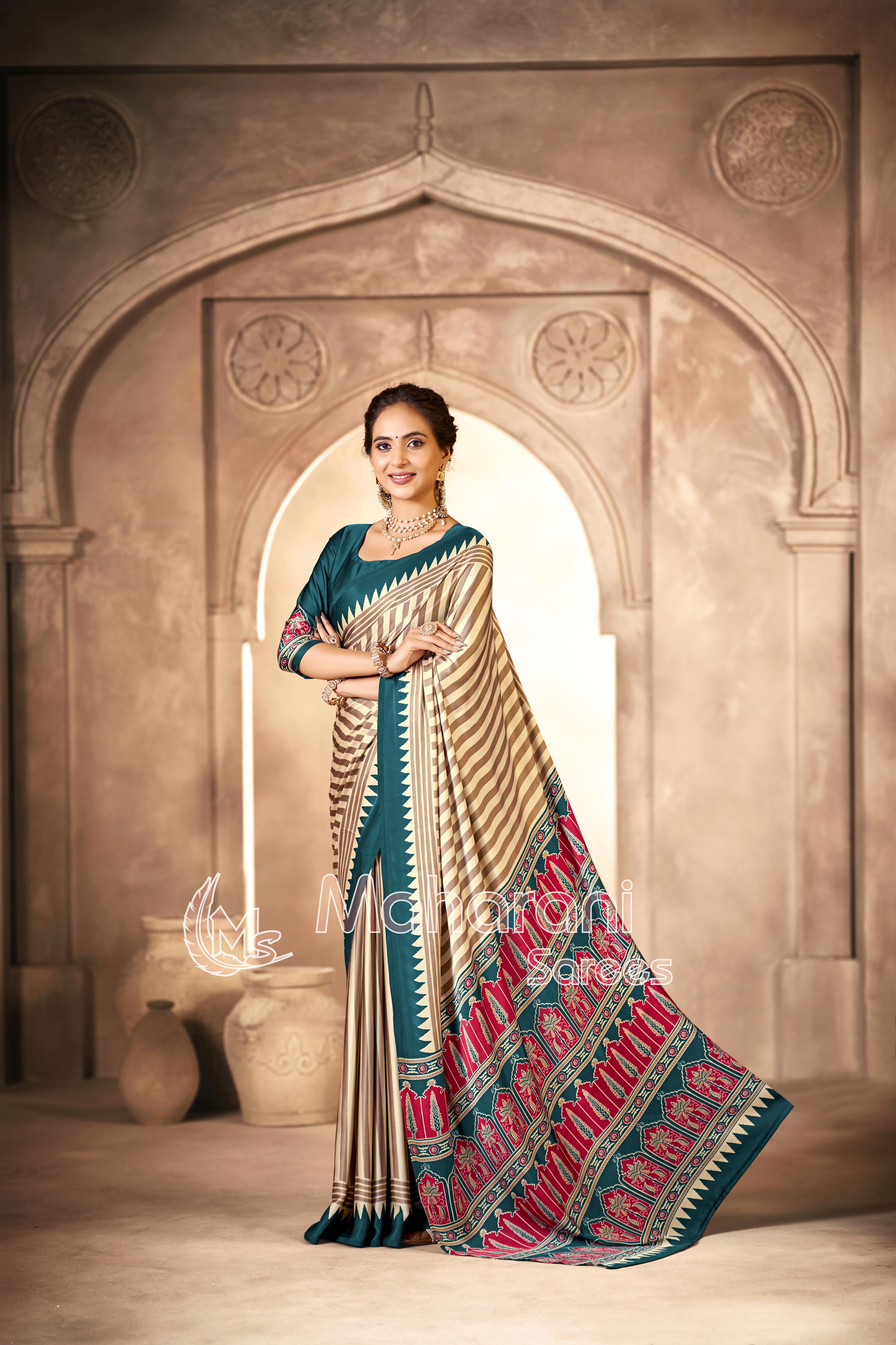 Cream With Indigo Border Ajrakh Hand-Printed Modal Silk Saree