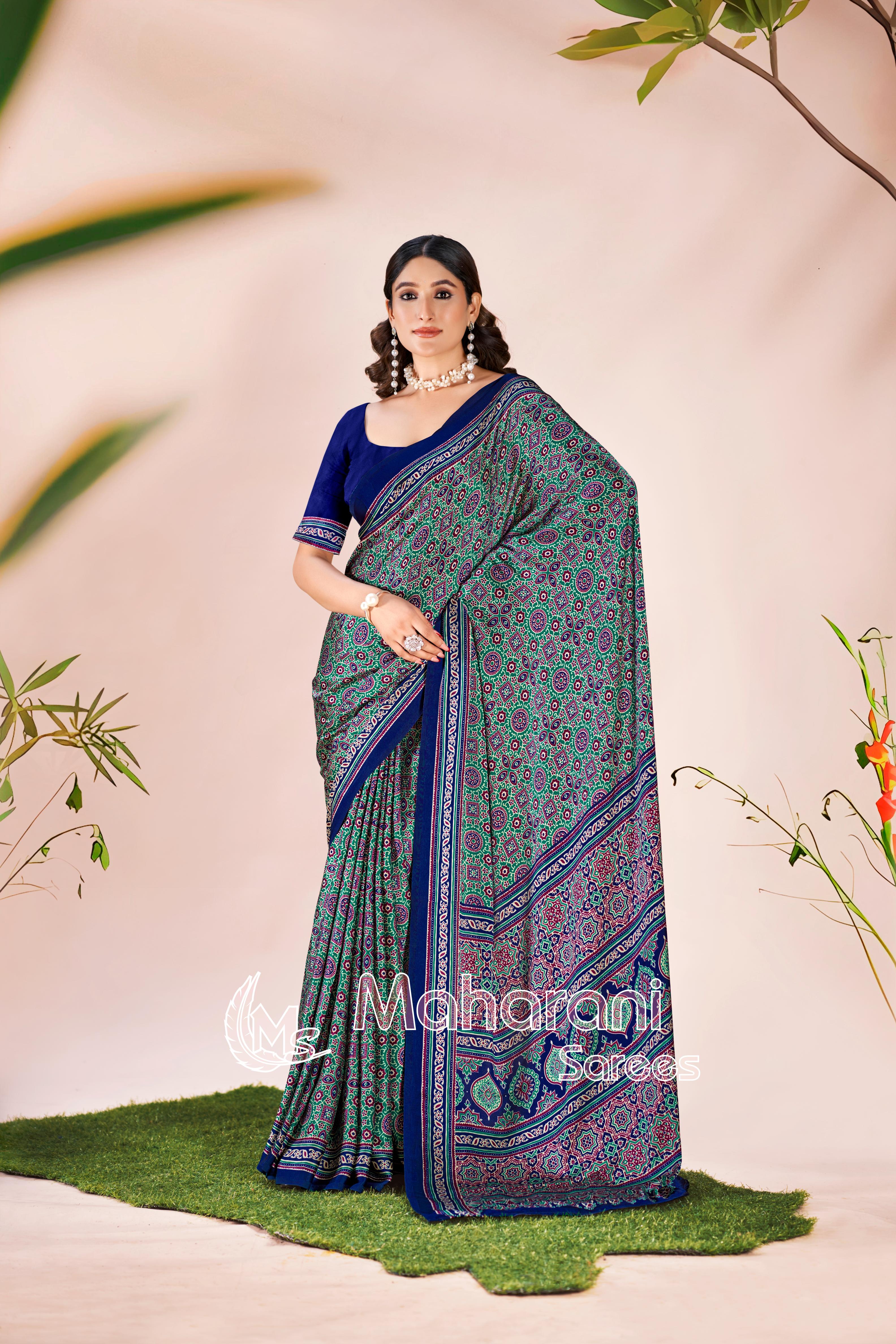 Green Ajrakh Printed Modal Silk Saree P7