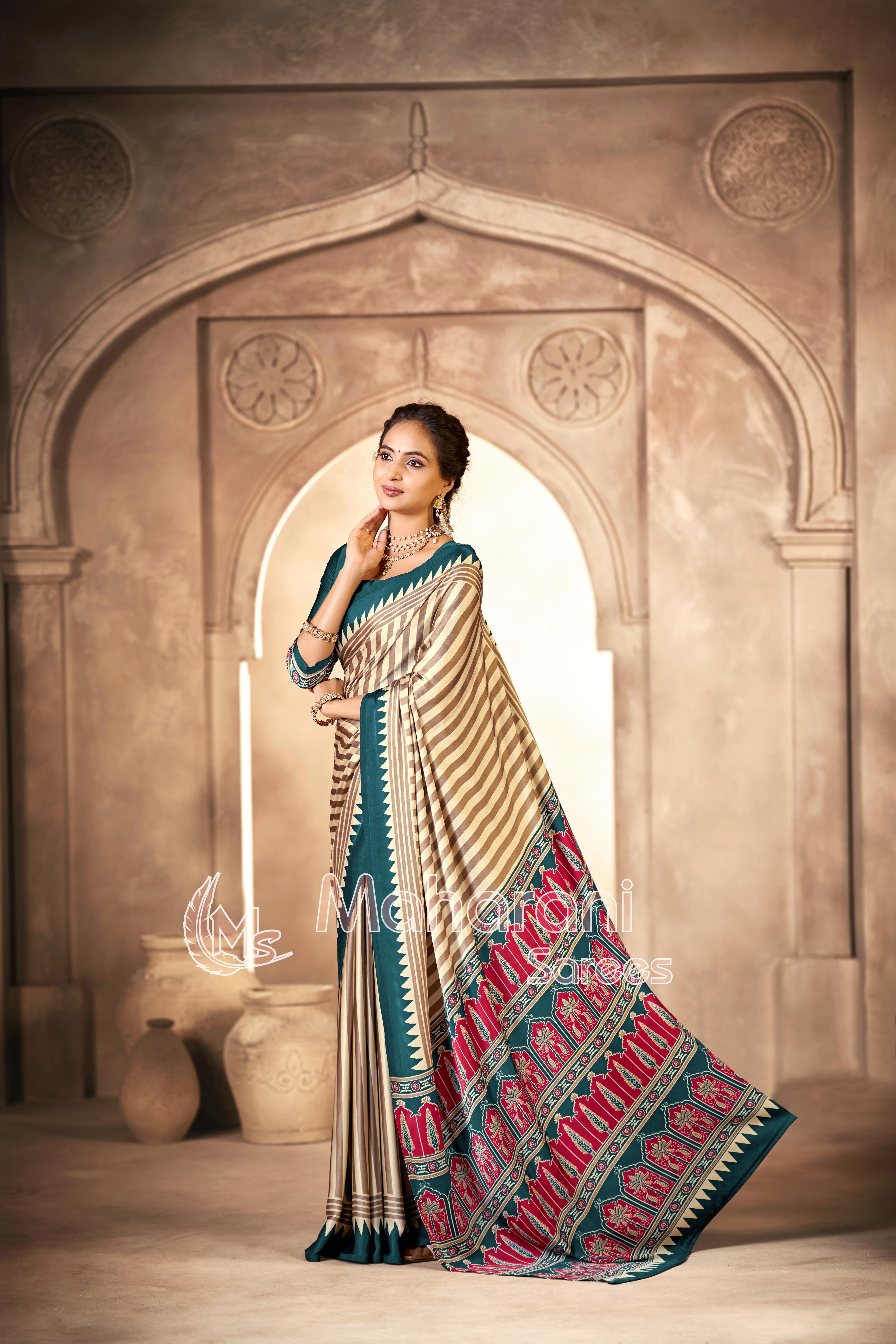 Cream With Indigo Border Ajrakh Hand-Printed Modal Silk Saree