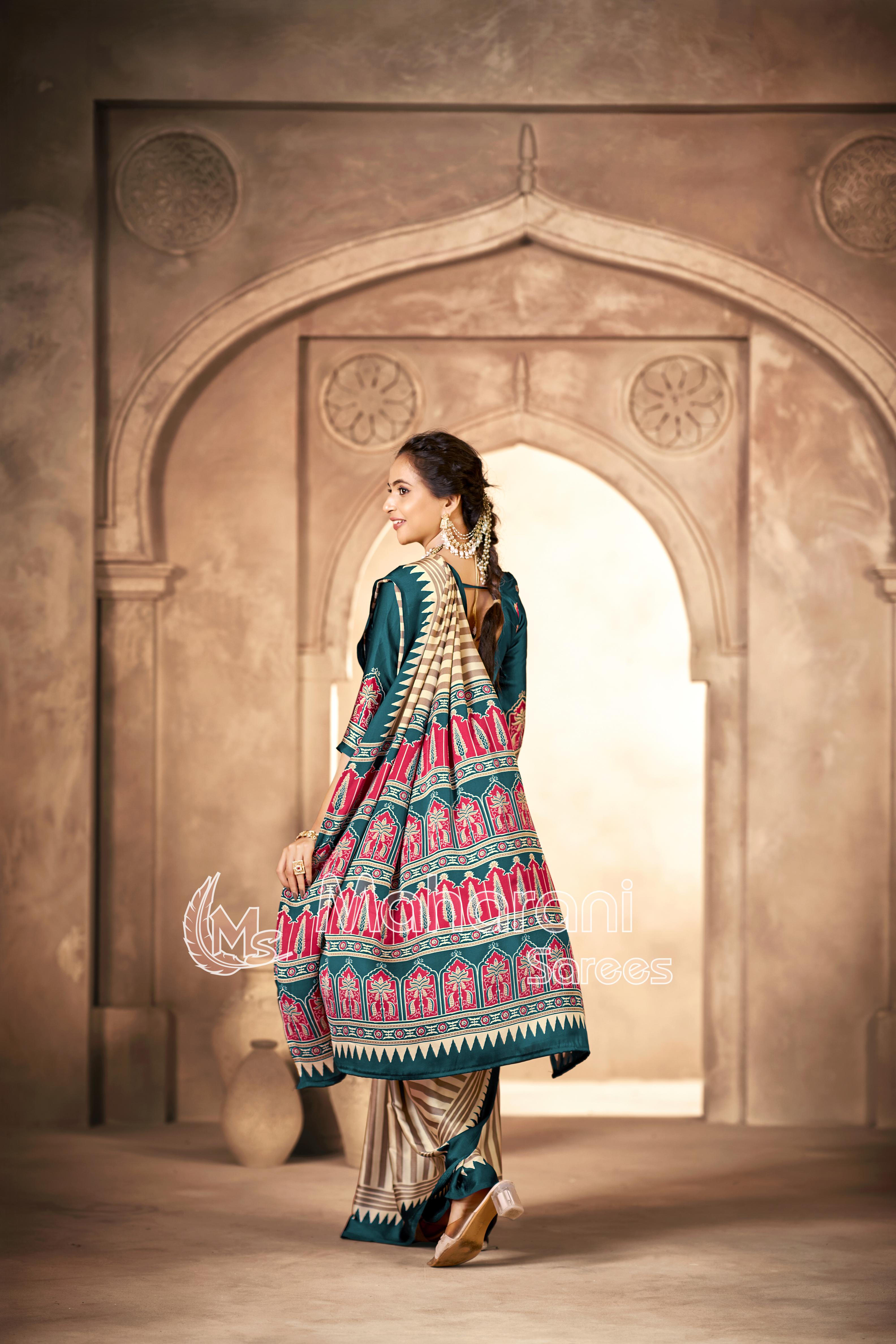 Cream With Indigo Border Ajrakh Hand-Printed Modal Silk Saree