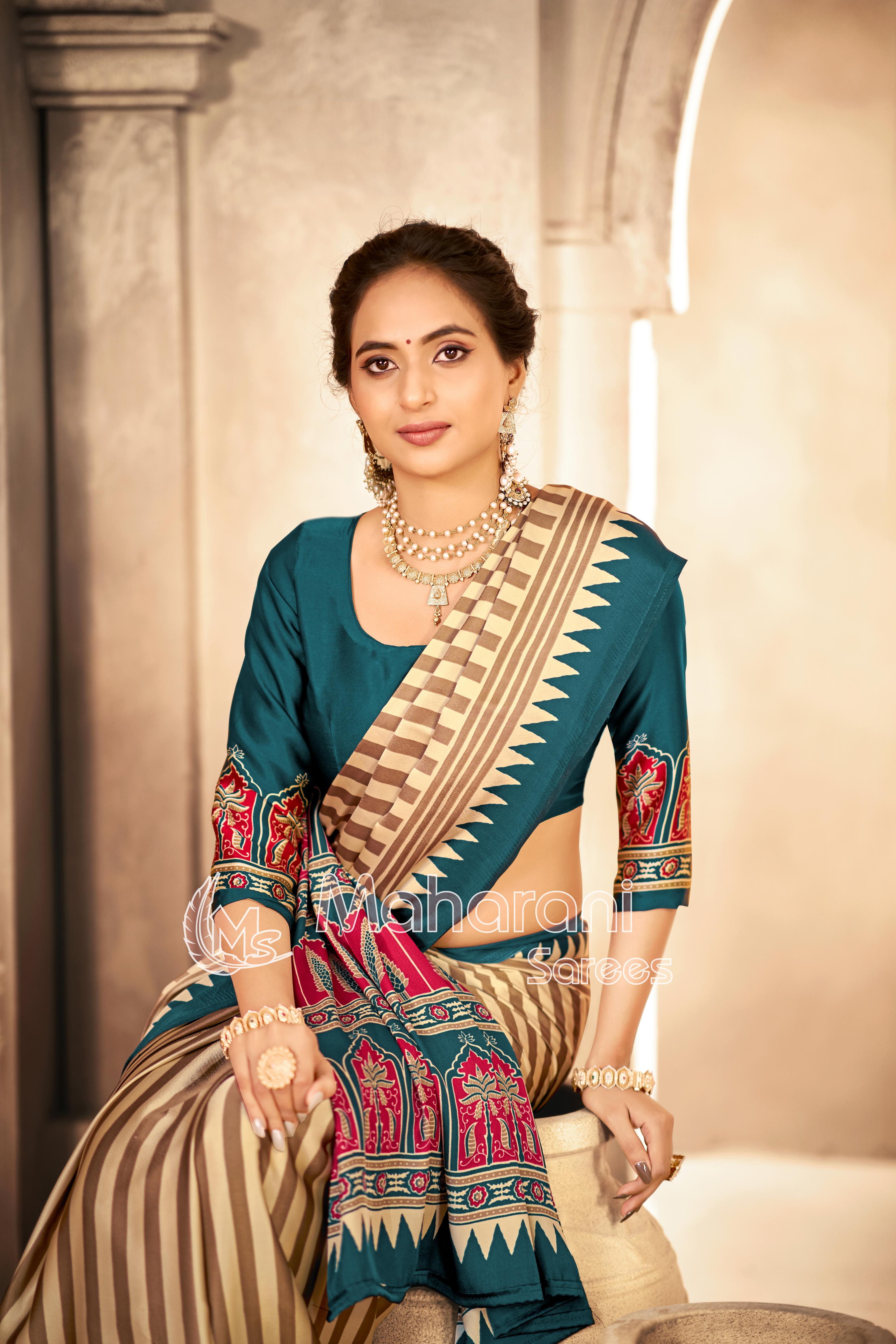Cream With Indigo Border Ajrakh Hand-Printed Modal Silk Saree