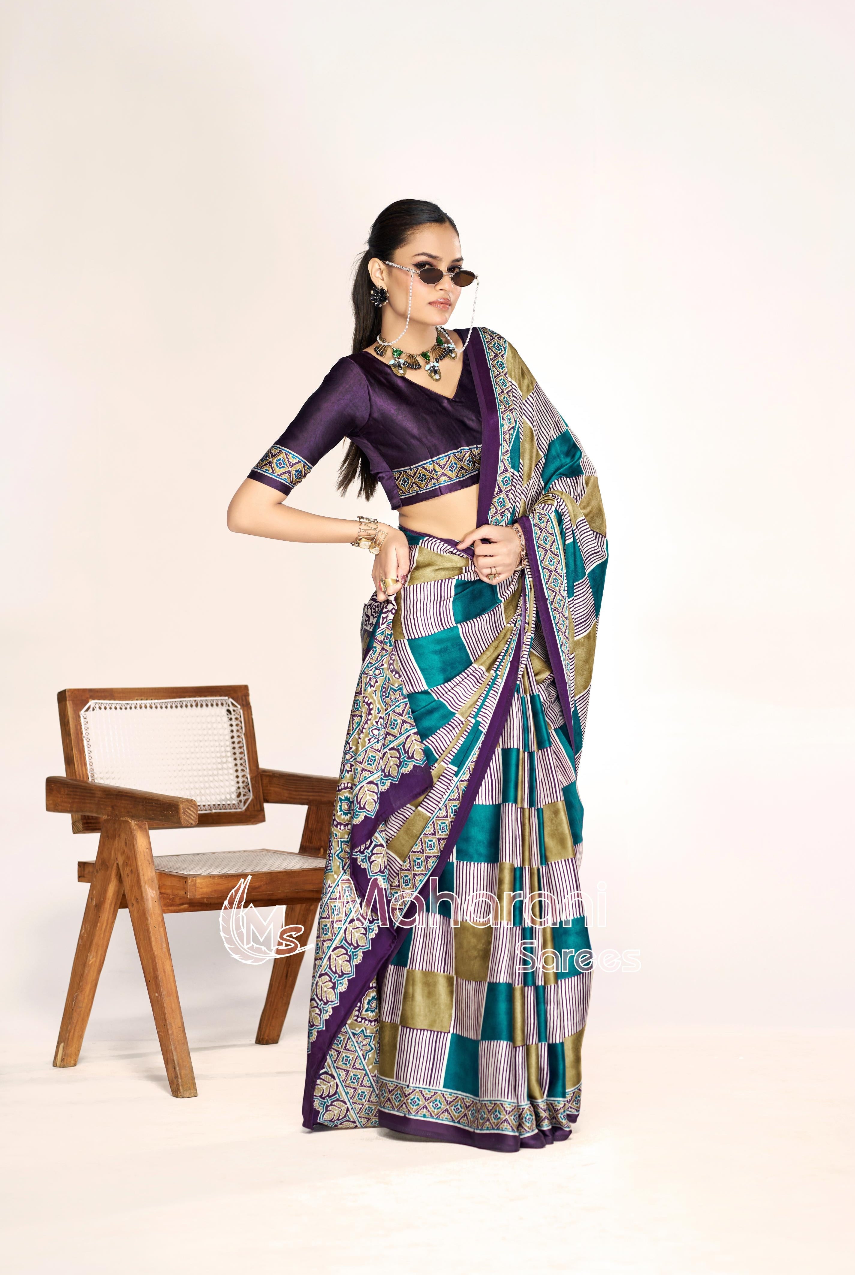 Luxe Multi Color Ajrakh Printed Modal Silk Saree P12