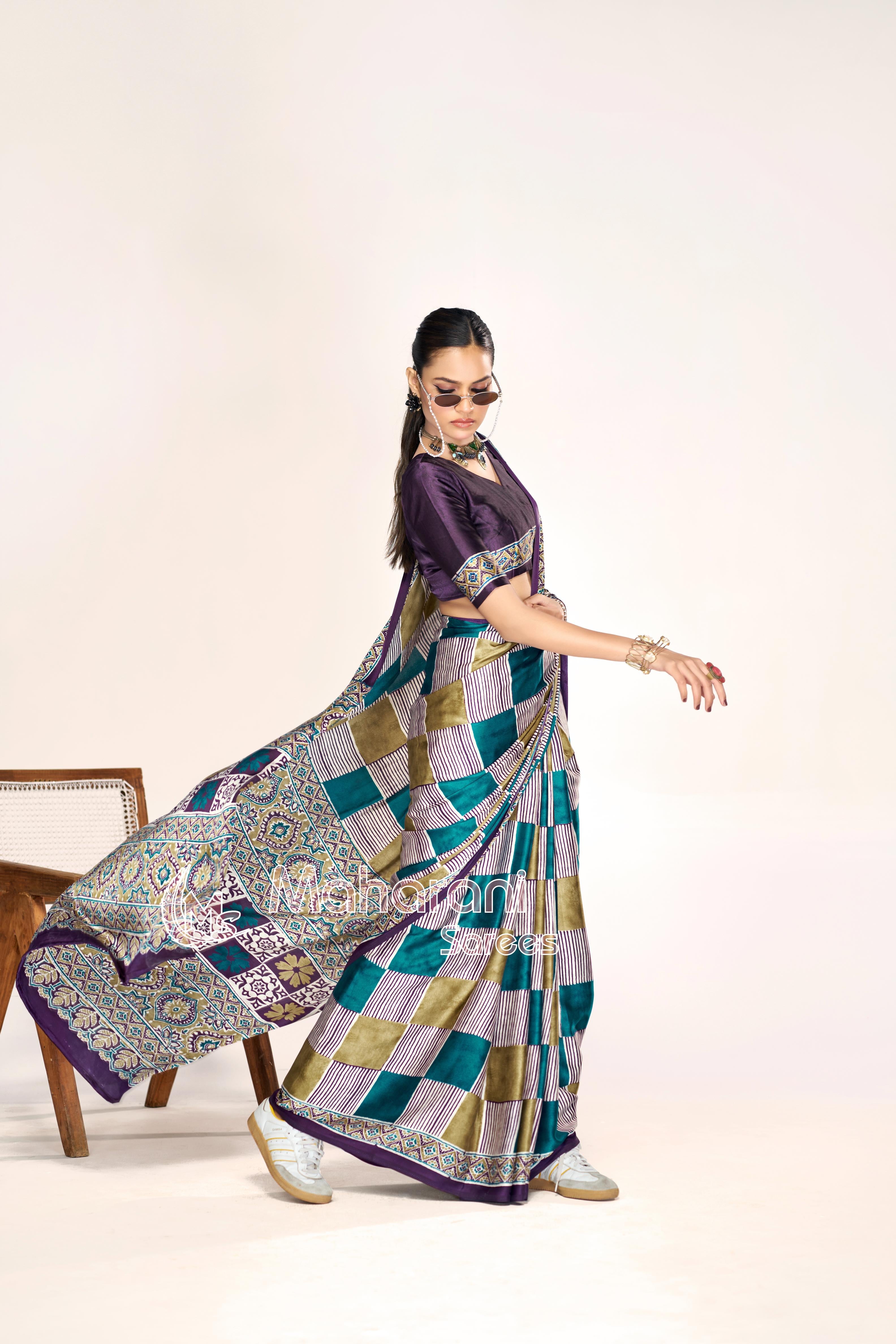 Luxe Multi Color Ajrakh Printed Modal Silk Saree P12