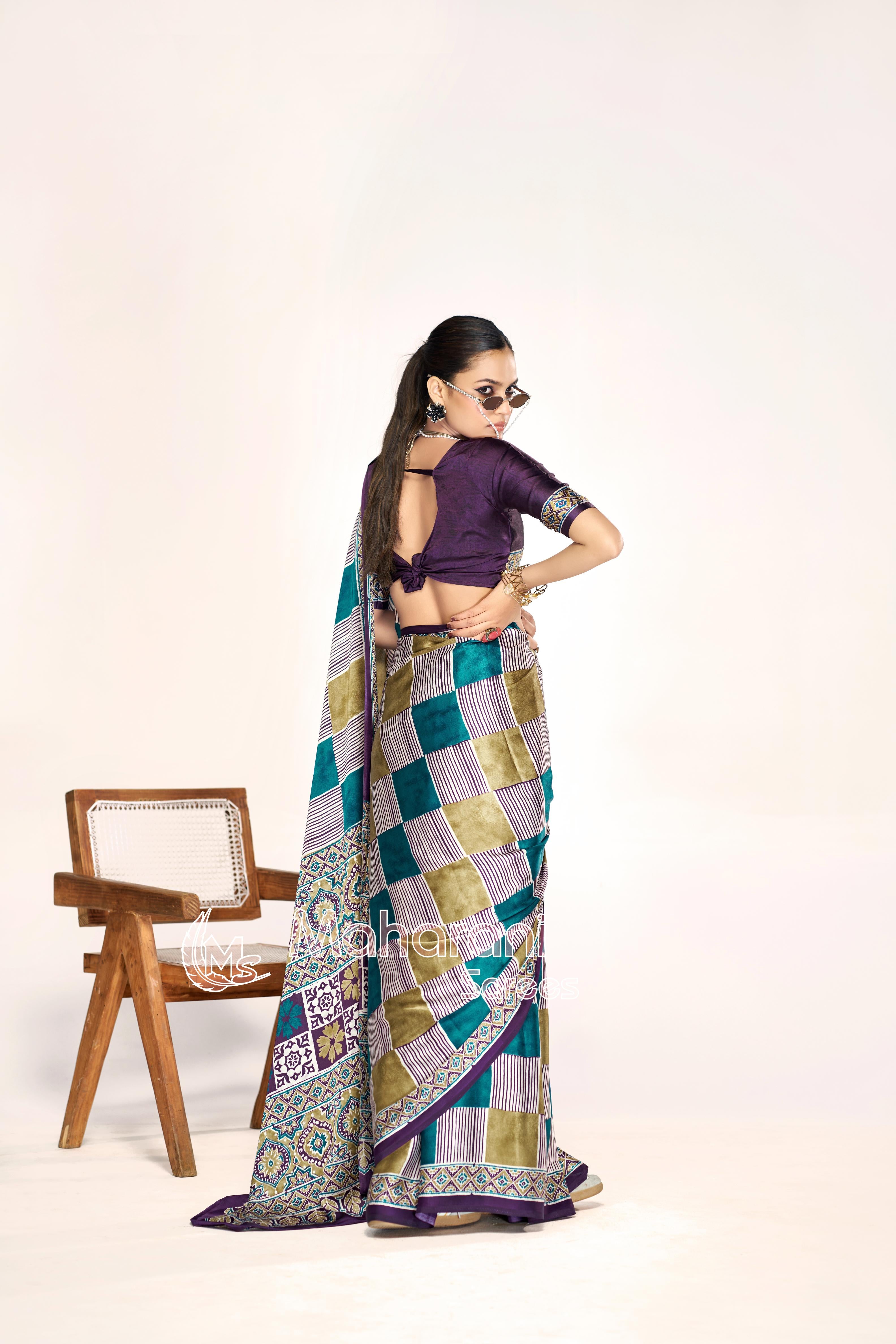Luxe Multi Color Ajrakh Printed Modal Silk Saree P12
