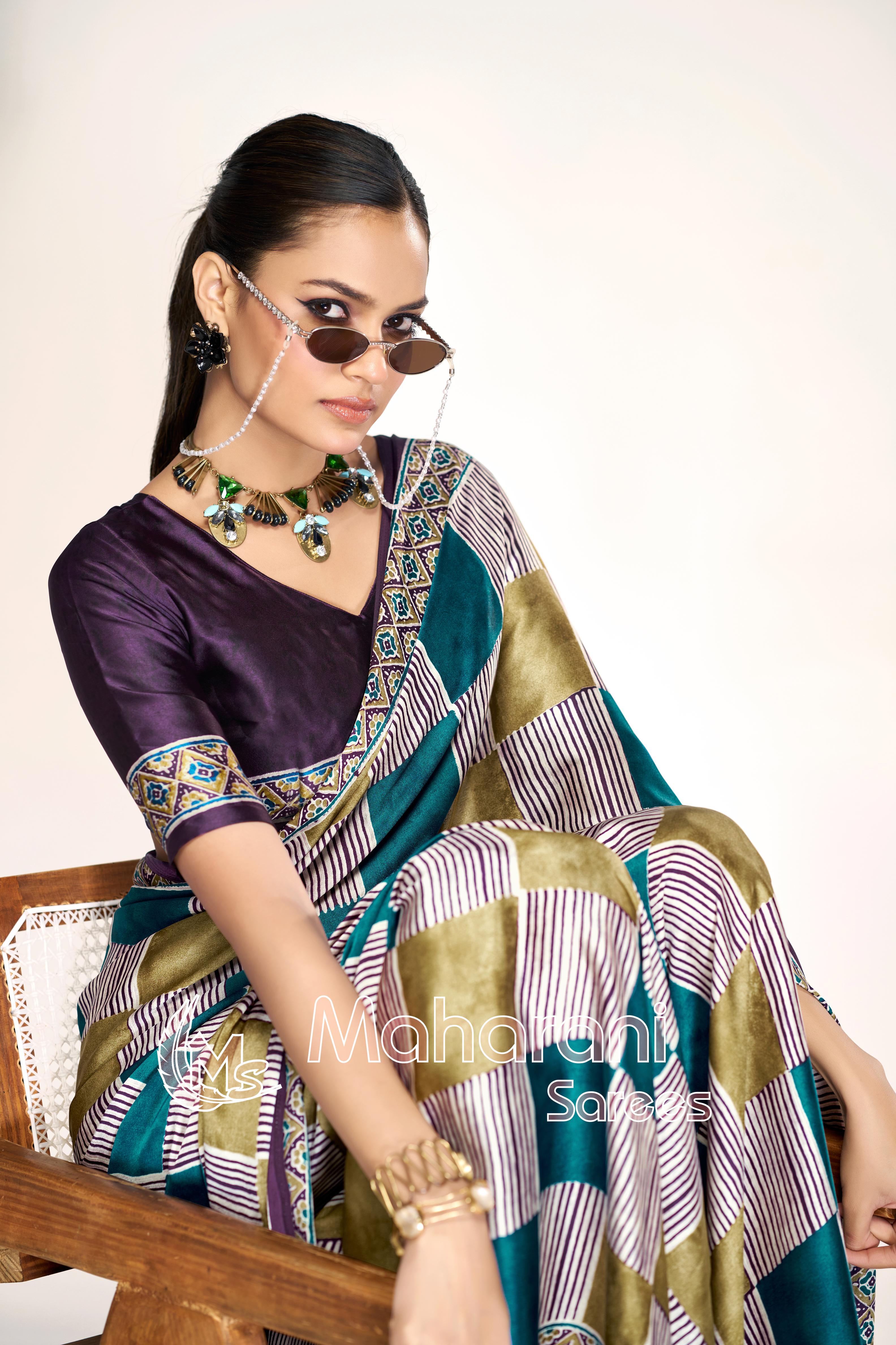 Luxe Multi Color Ajrakh Printed Modal Silk Saree P12