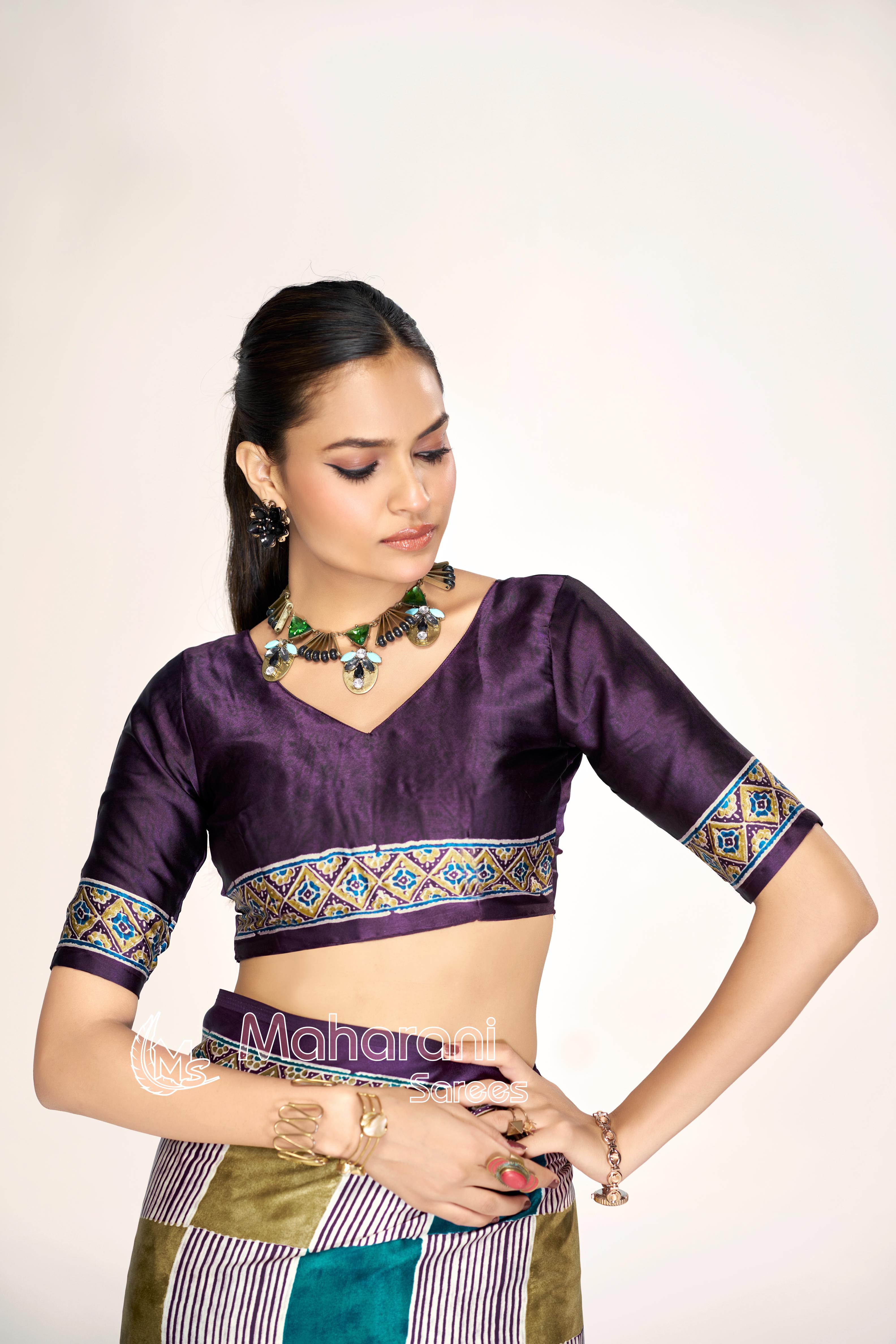 Luxe Multi Color Ajrakh Printed Modal Silk Saree P12