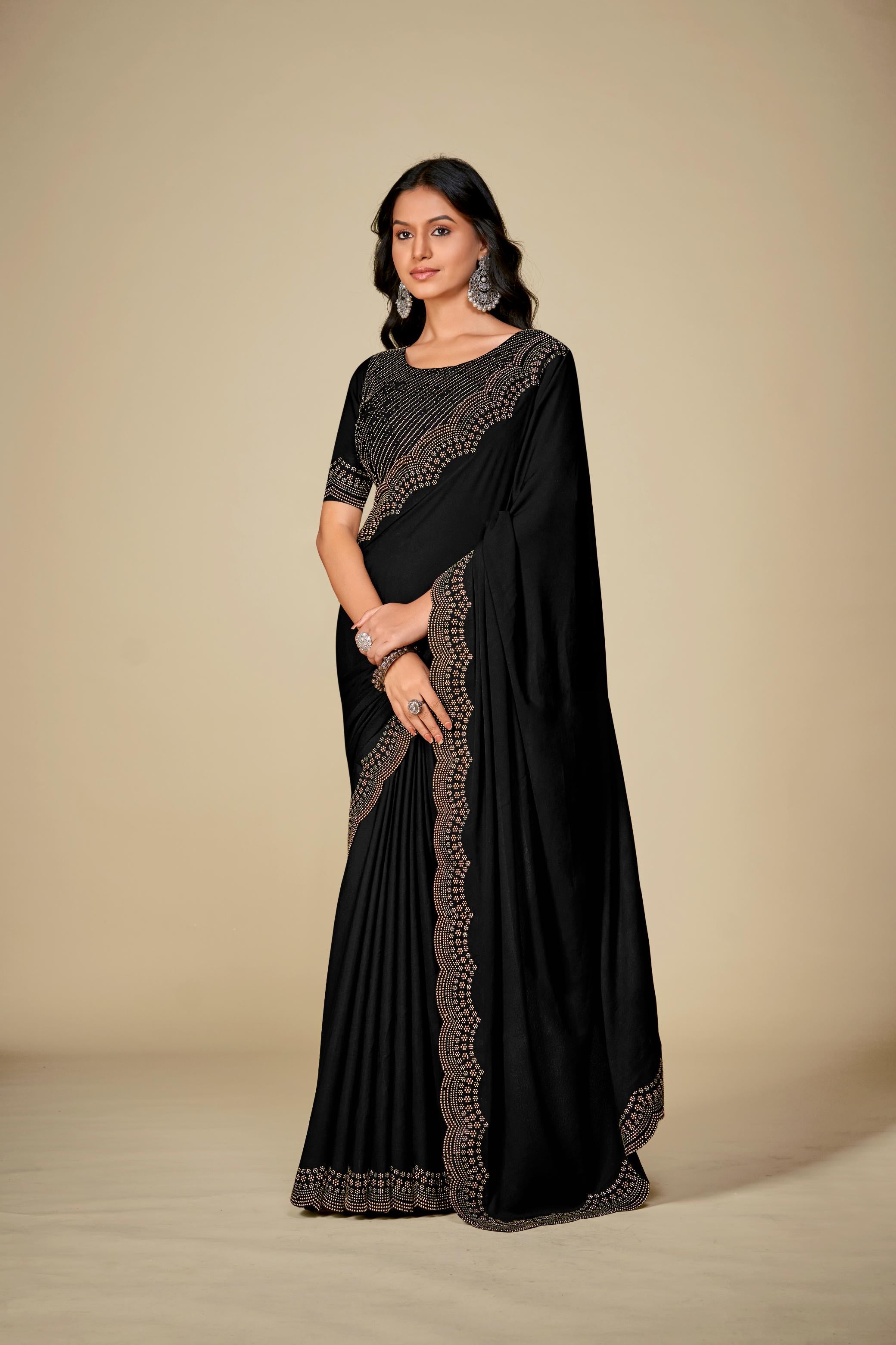 Black Satin Silk Saree With Stone Work And Full Work Blouse Piece