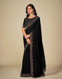 Black Satin Silk Saree With Stone Work And Full Work Blouse Piece