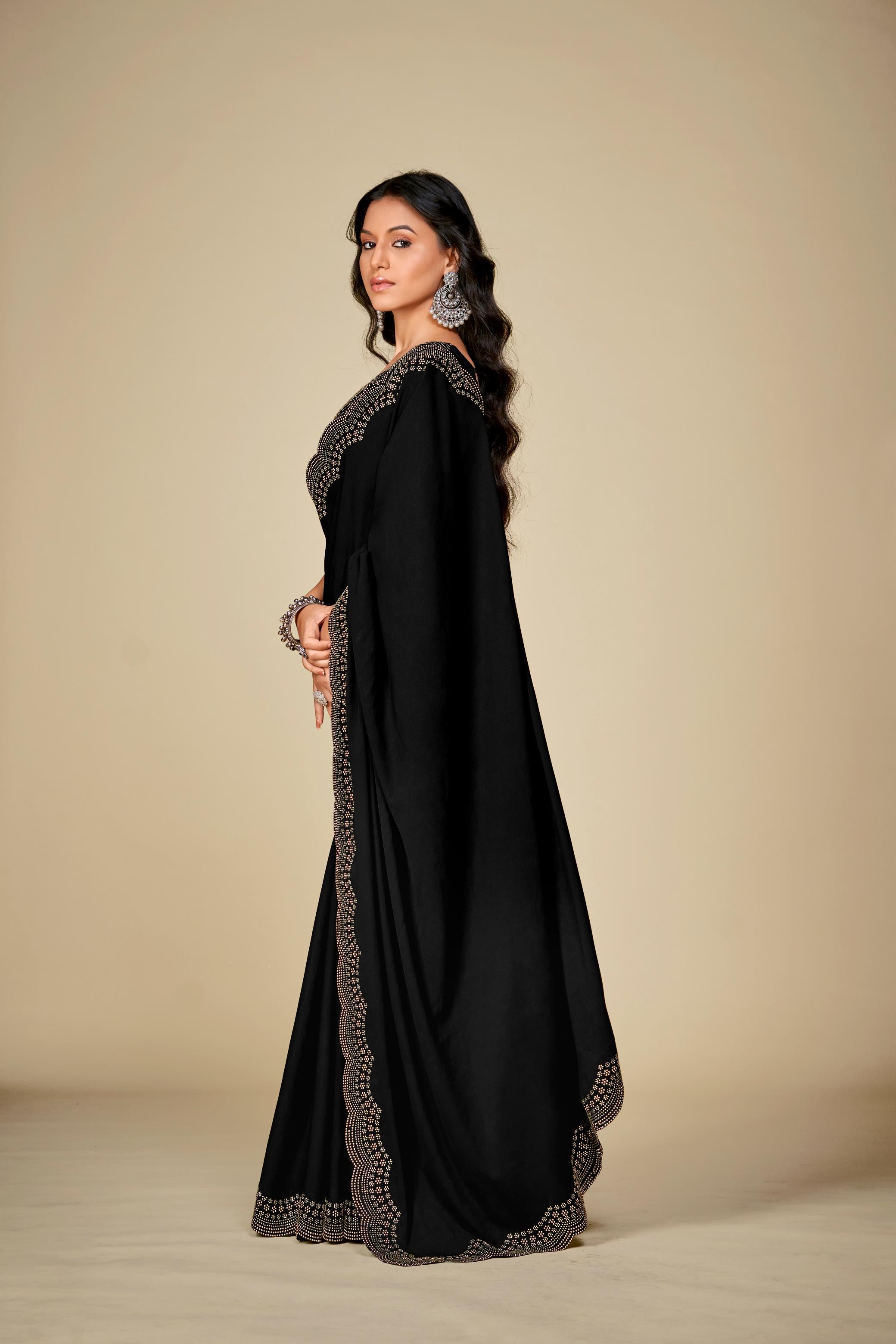 Black Satin Silk Saree With Stone Work And Full Work Blouse Piece