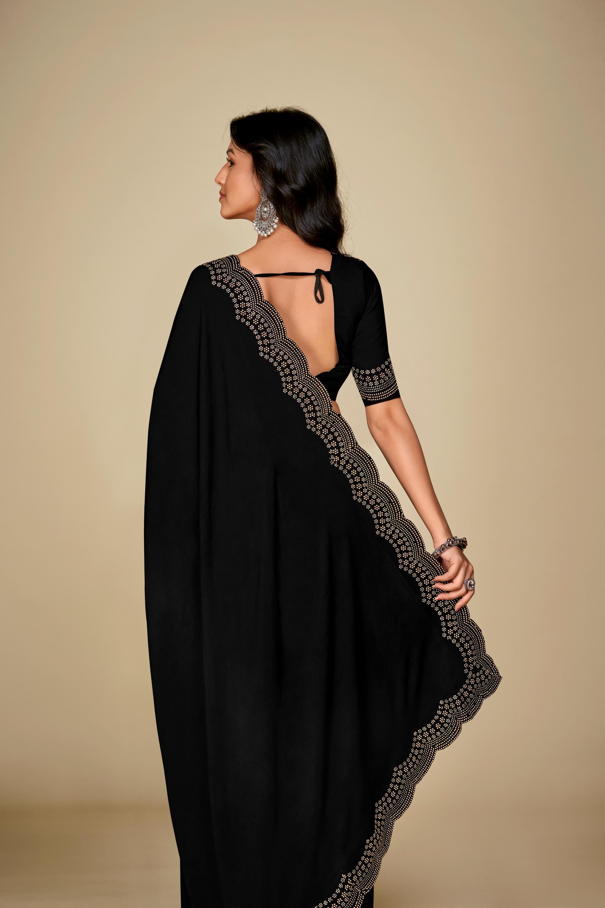 Black Satin Silk Saree With Stone Work And Full Work Blouse Piece