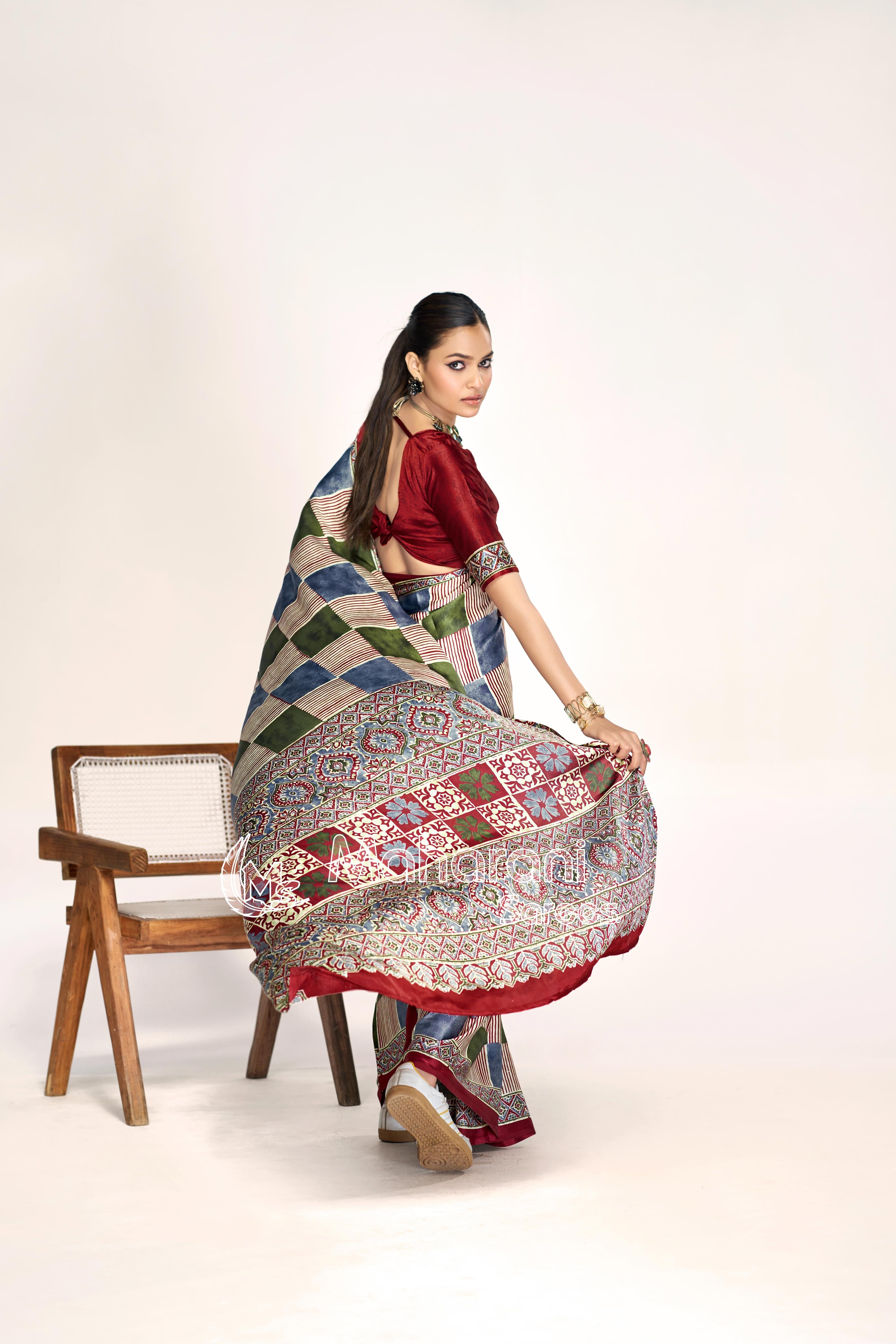 Traditional Multi Color Ajrakh Printed Modal Silk Saree P12