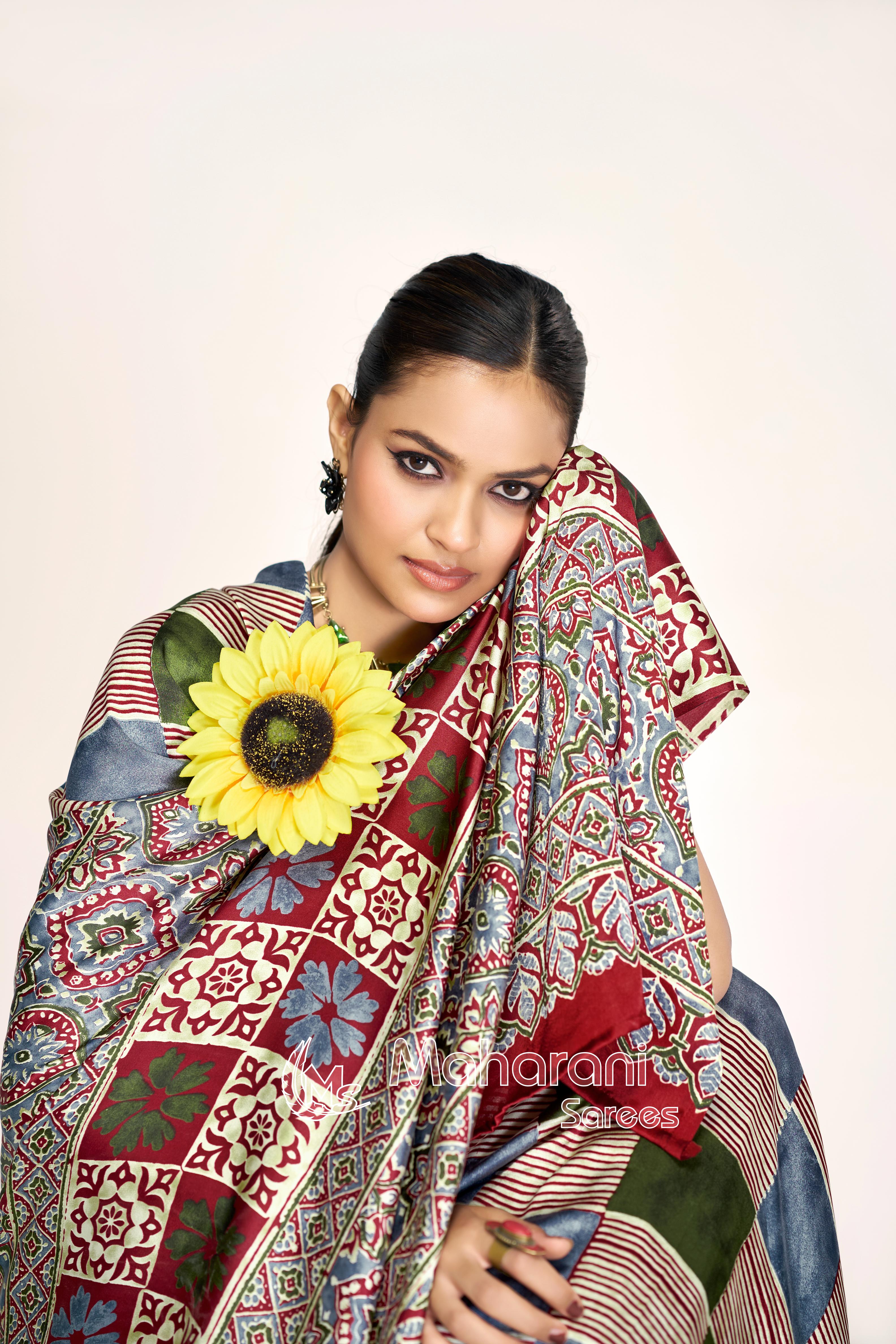 Traditional Multi Color Ajrakh Printed Modal Silk Saree P12