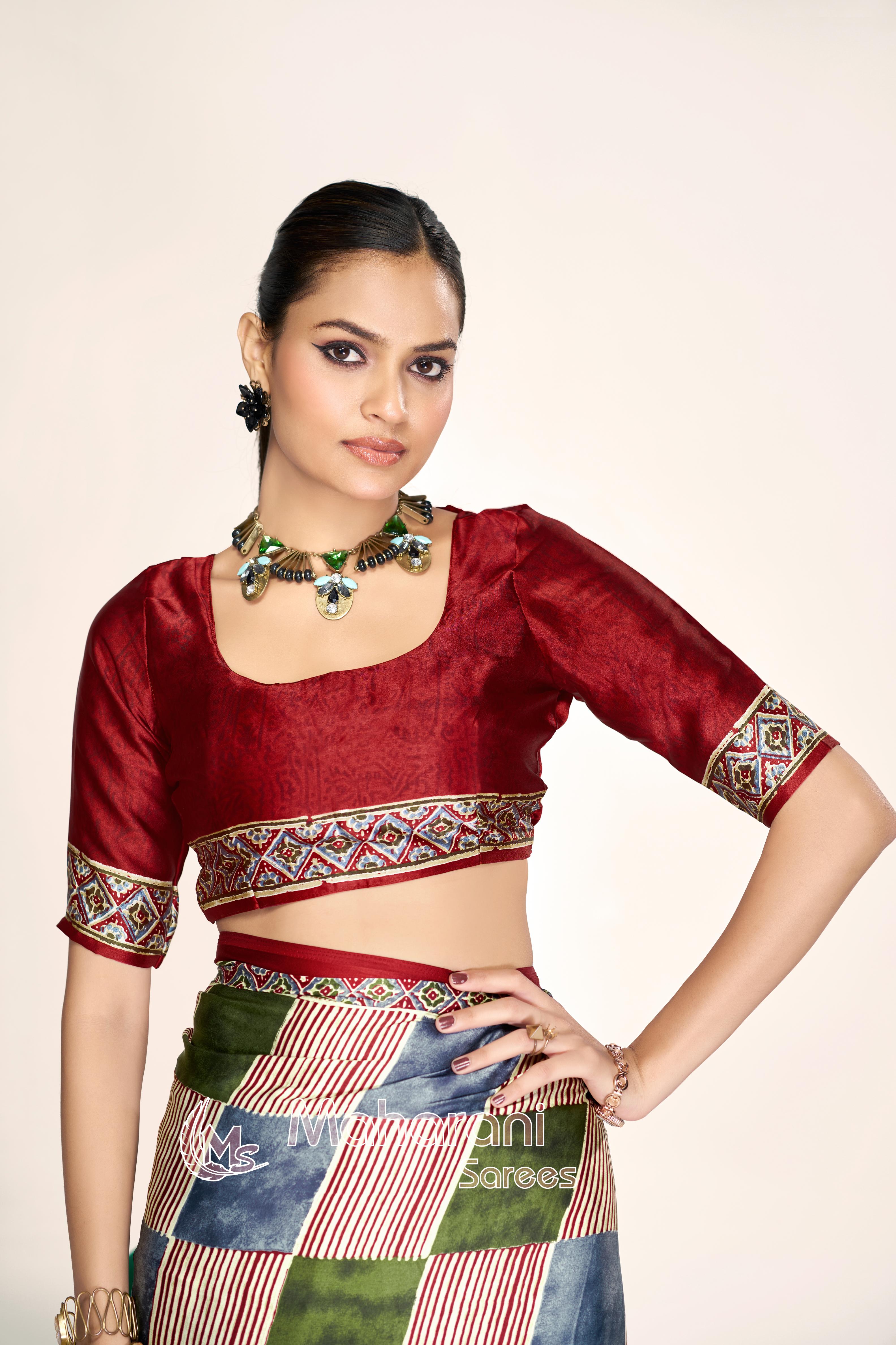 Traditional Multi Color Ajrakh Printed Modal Silk Saree P12