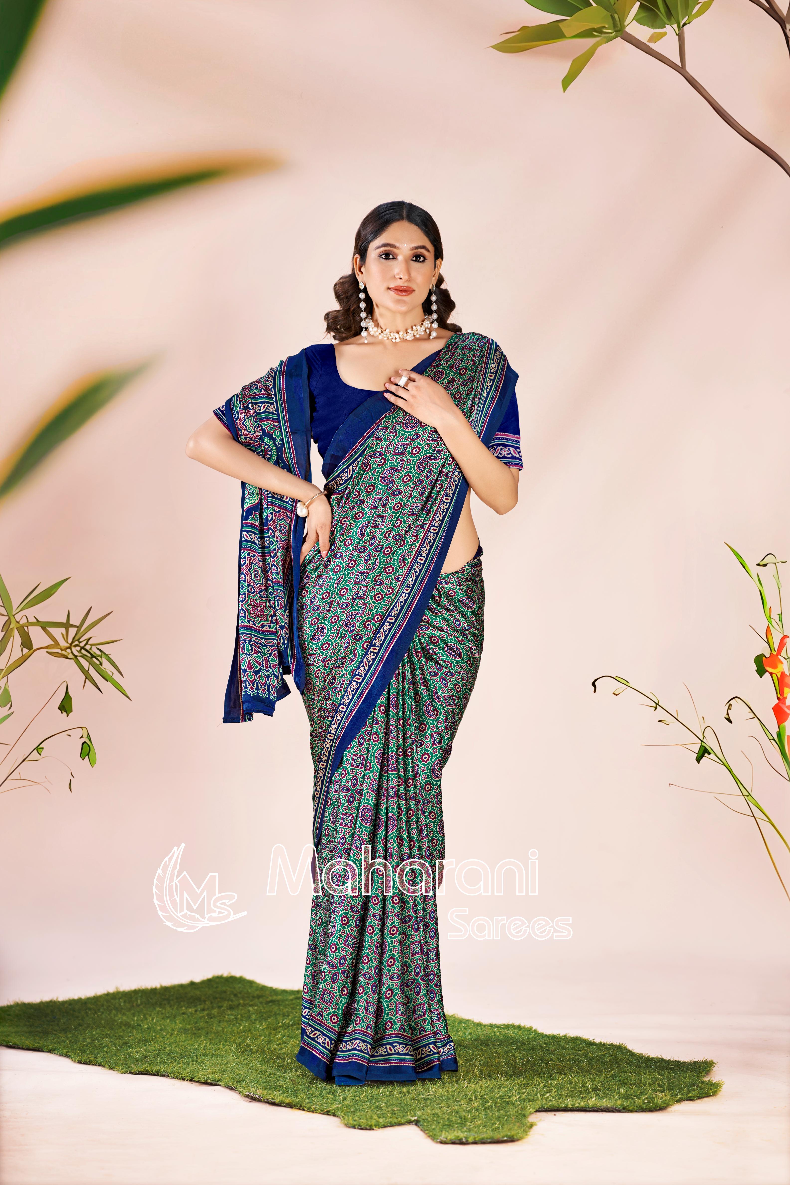 Green Ajrakh Printed Modal Silk Saree P7