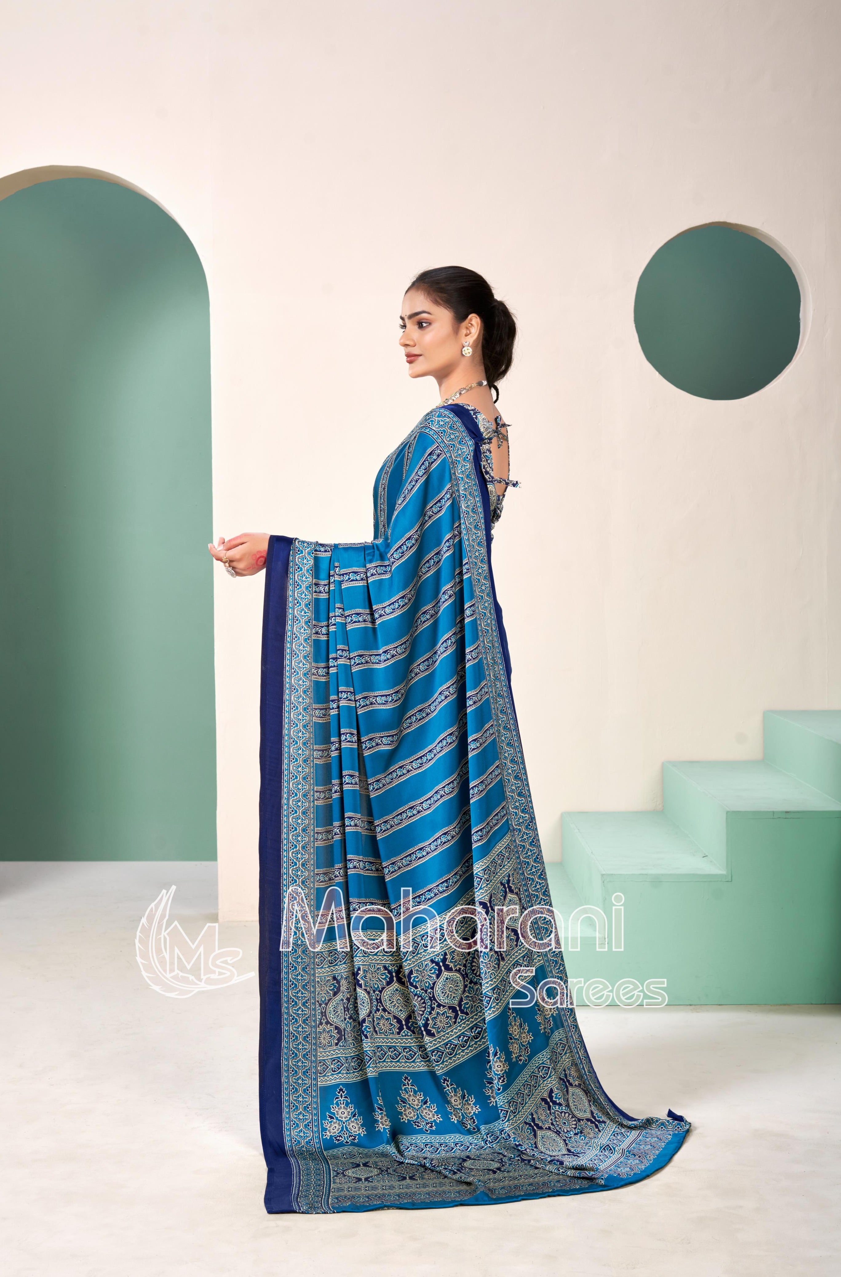 Premium Striped Ajrakh Hand-Printed Modal Silk Saree