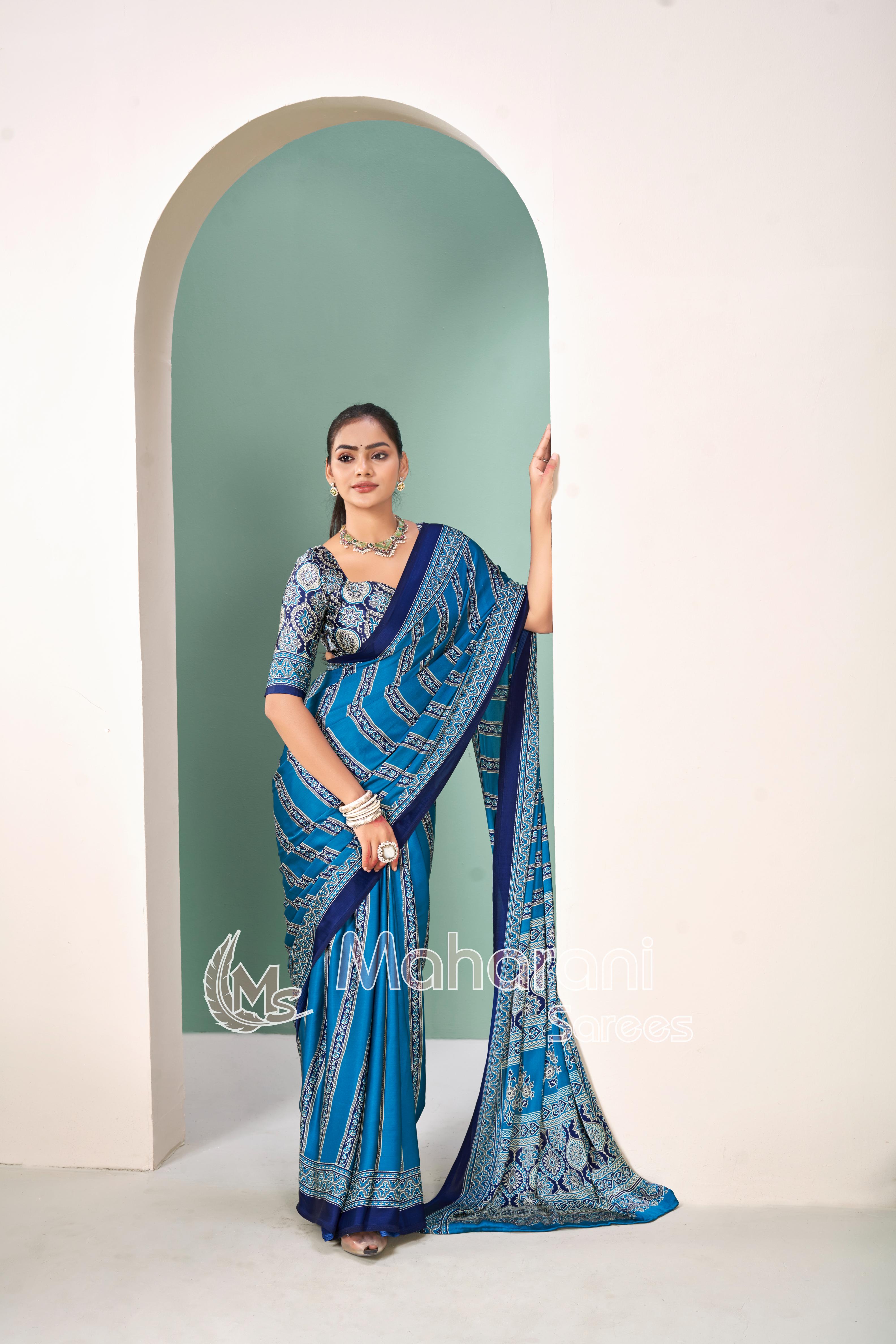 Premium Striped Ajrakh Hand-Printed Modal Silk Saree