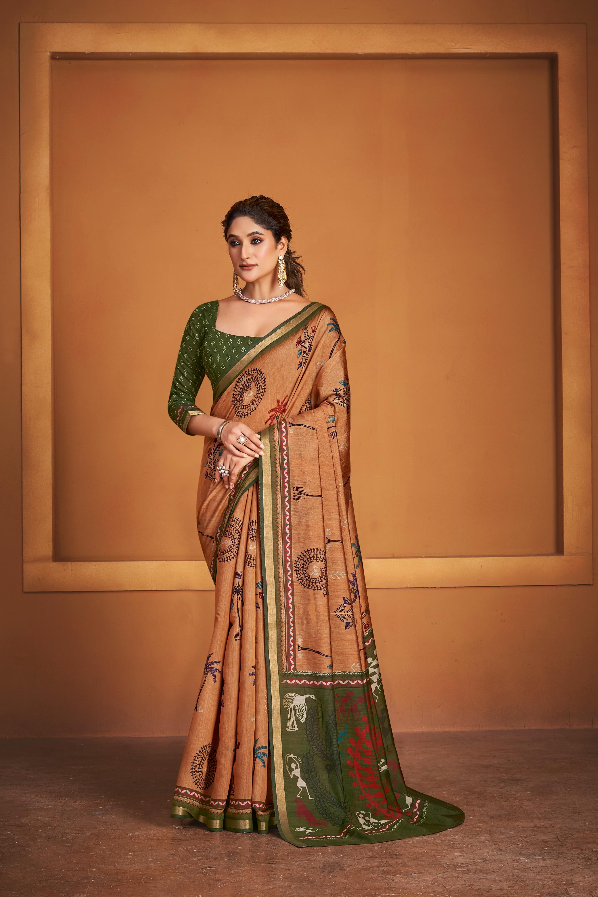 Ajrakh With Kalamkari Hand Block Print Maslin silk Saree and Maheshwari Border add Pretty Blouse KM1-2