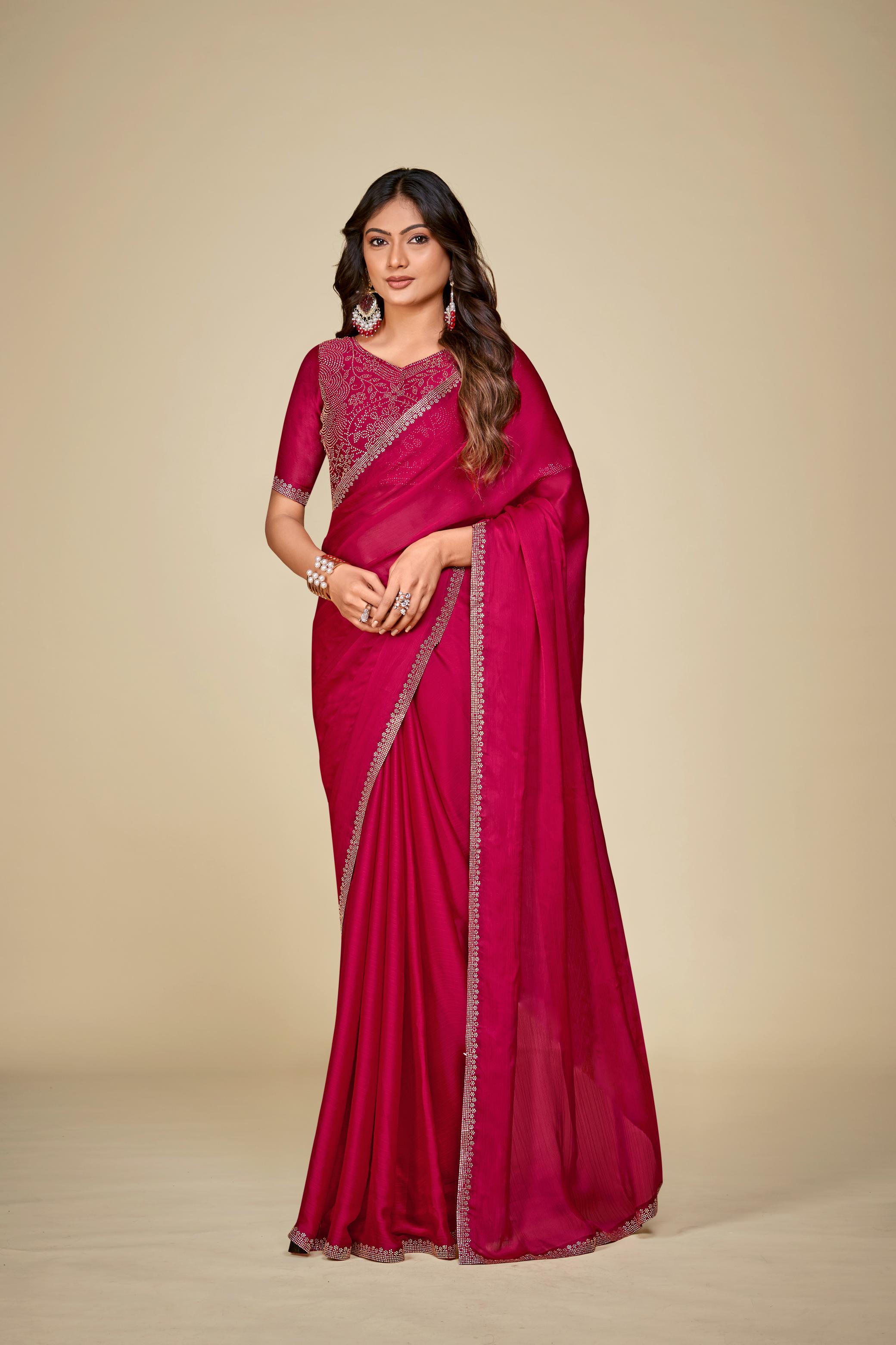 Cherry Red Chiffon Saree With Stone Work And Full Work Blouse Piece