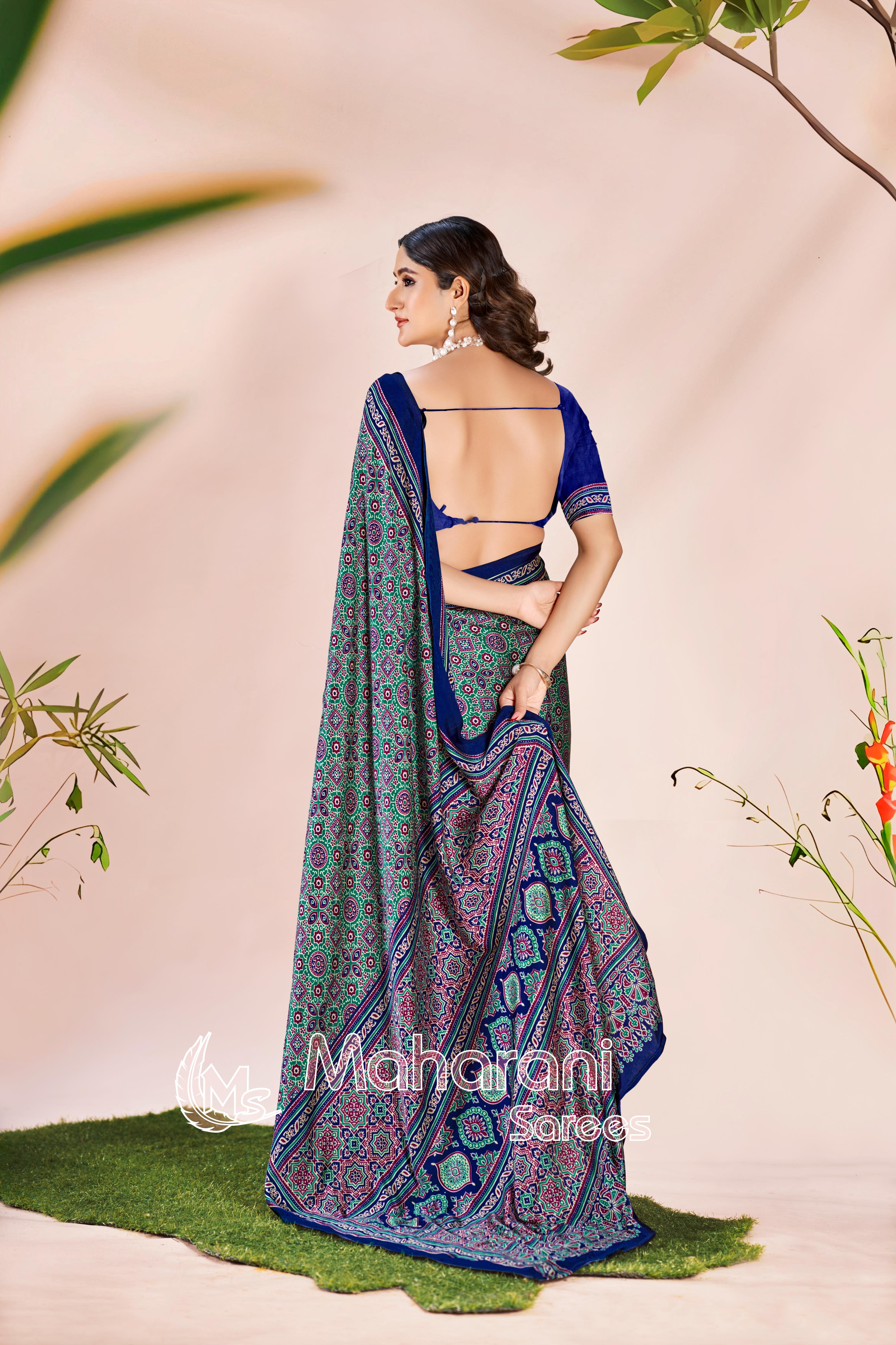 Green Ajrakh Printed Modal Silk Saree P7