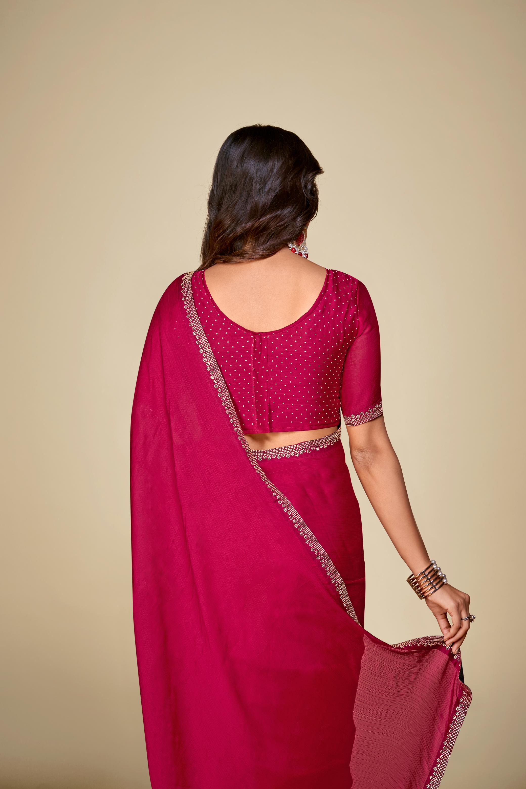 Cherry Red Chiffon Saree With Stone Work And Full Work Blouse Piece