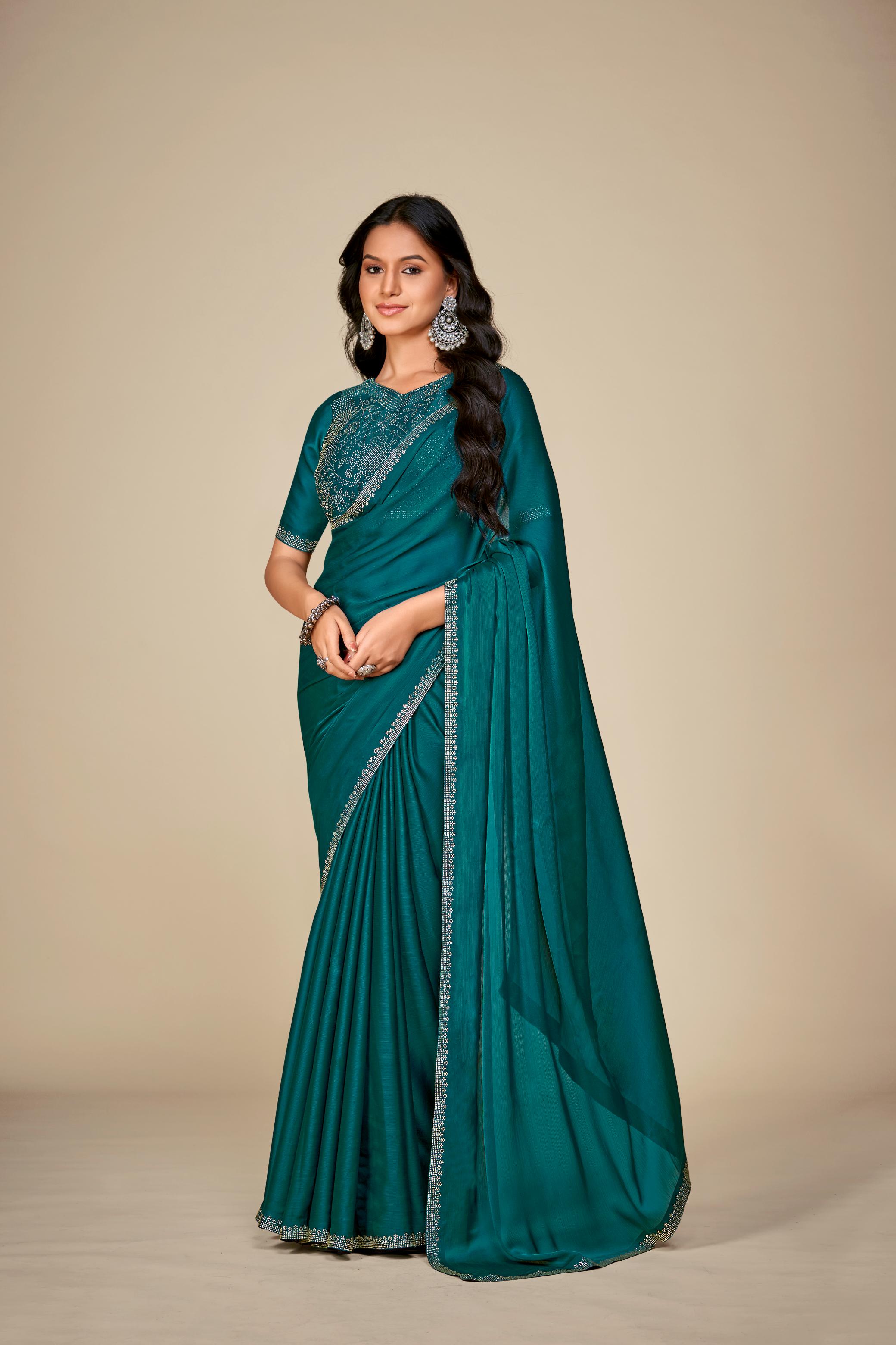 Rama Satin Chiffon Saree With Stone Work And Full Work Blouse Piece