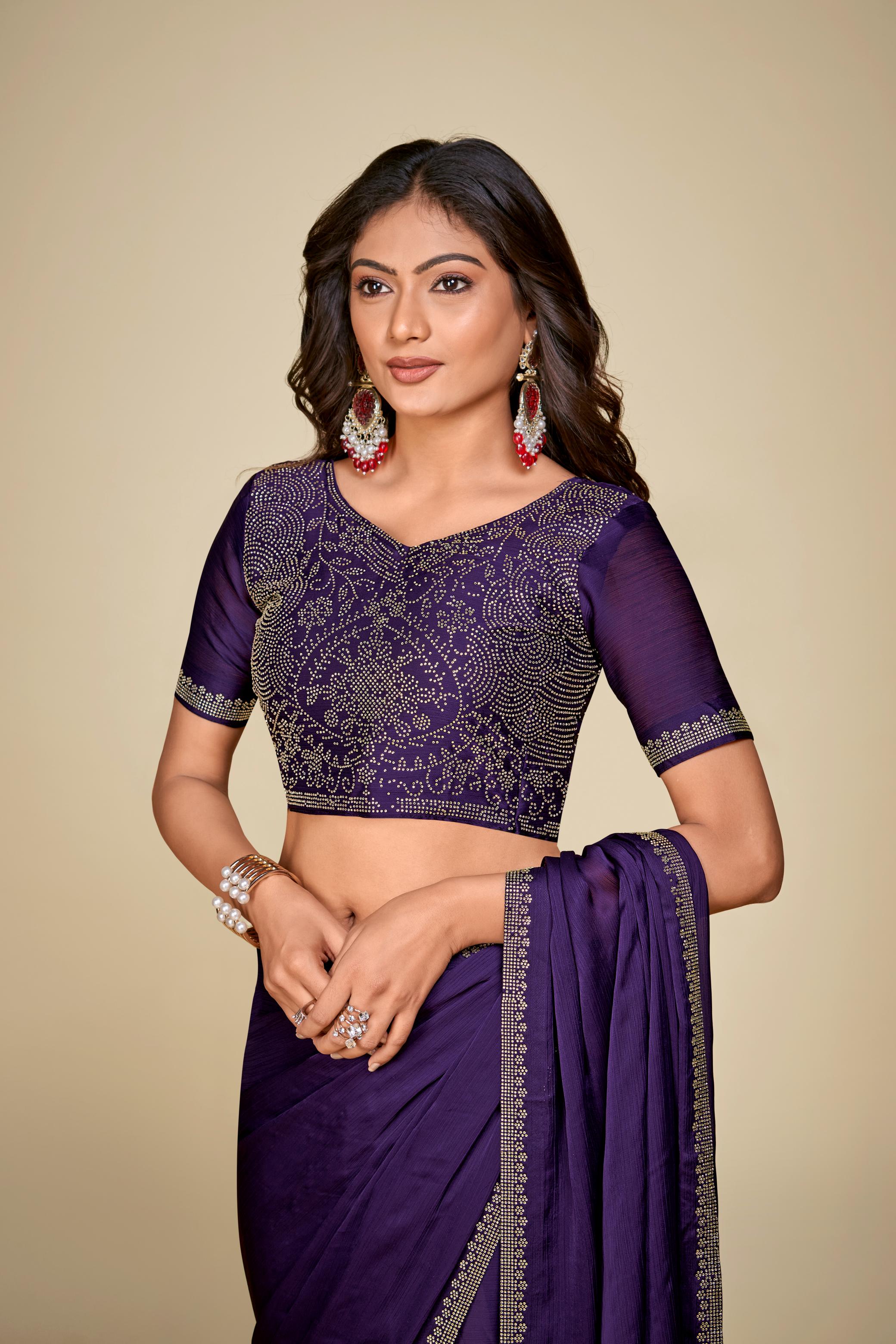 Purple Satin Chiffon Saree With Stone Work And Full Work Blouse Piece