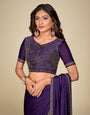 Purple Satin Chiffon Saree With Stone Work And Full Work Blouse Piece