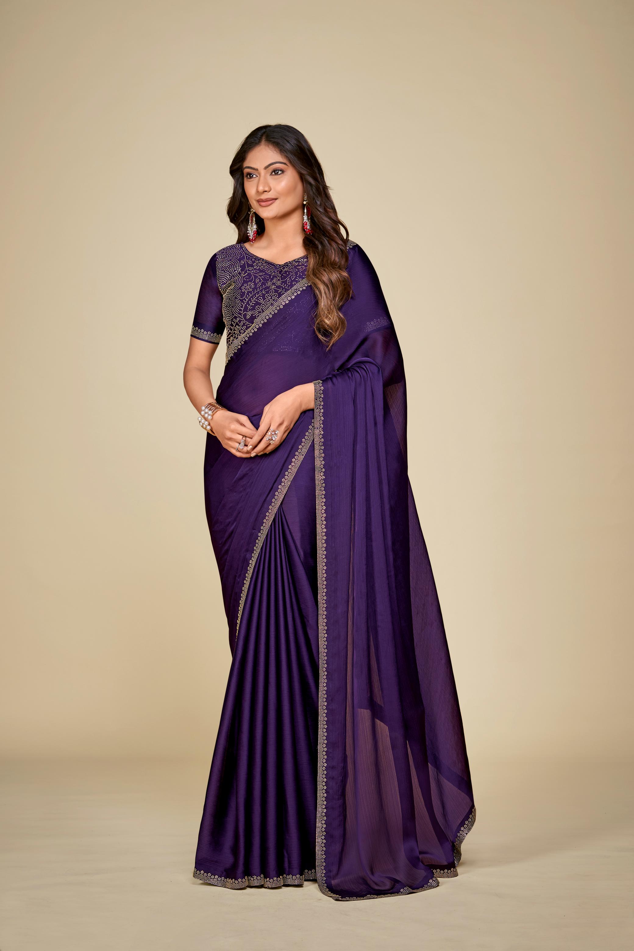 Purple Satin Chiffon Saree With Stone Work And Full Work Blouse Piece