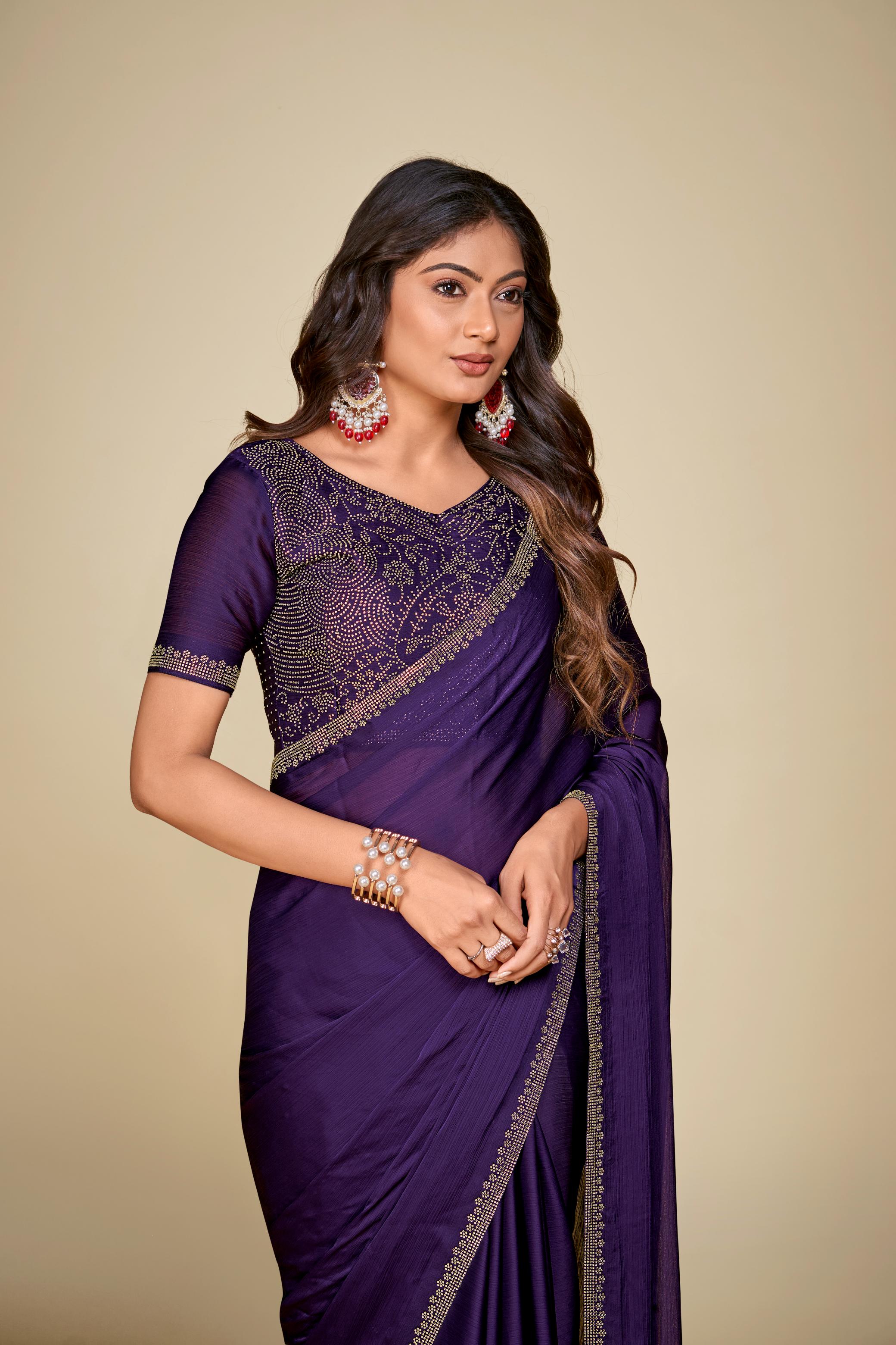 Purple Satin Chiffon Saree With Stone Work And Full Work Blouse Piece