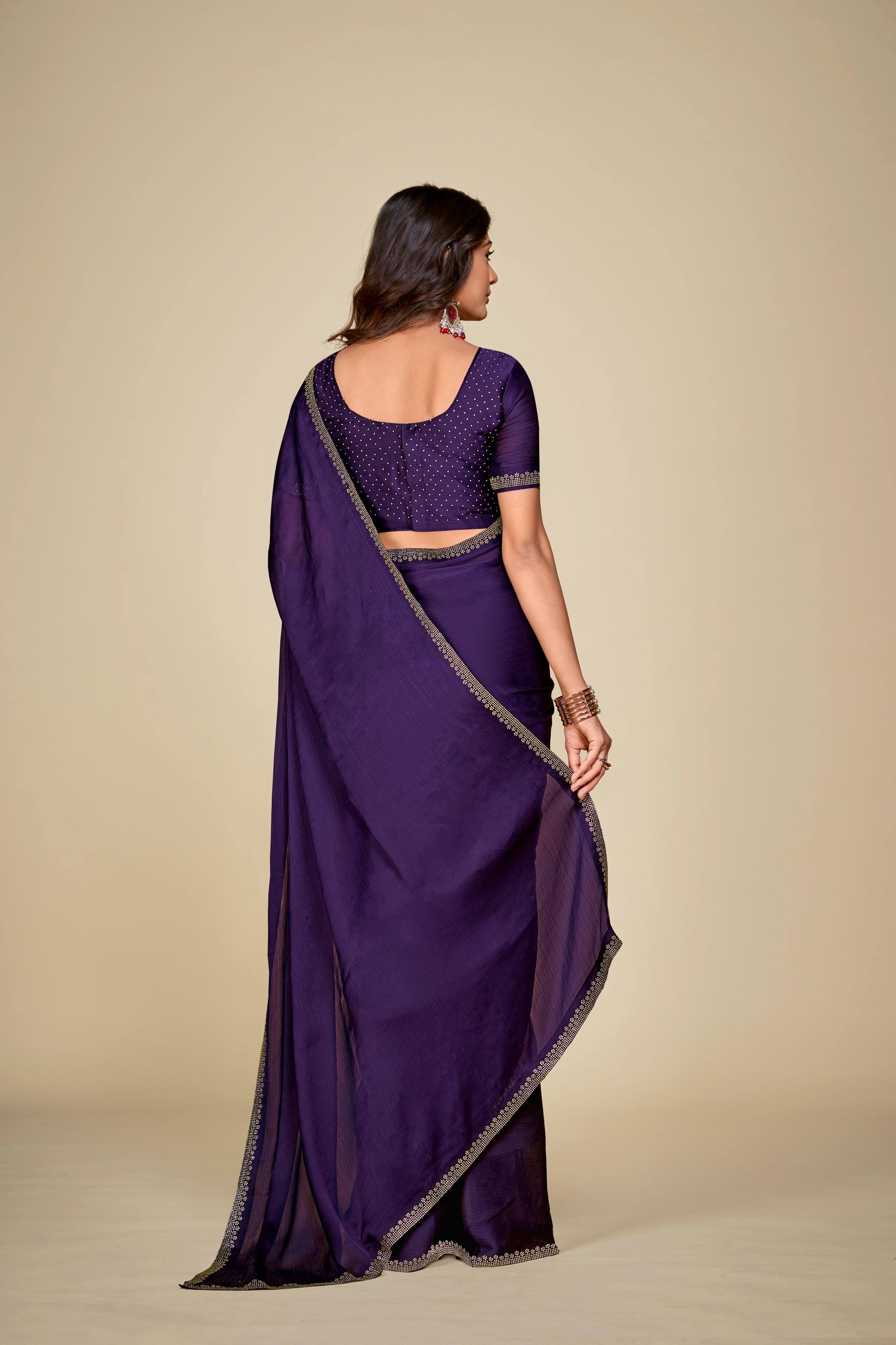 Purple Satin Chiffon Saree With Stone Work And Full Work Blouse Piece