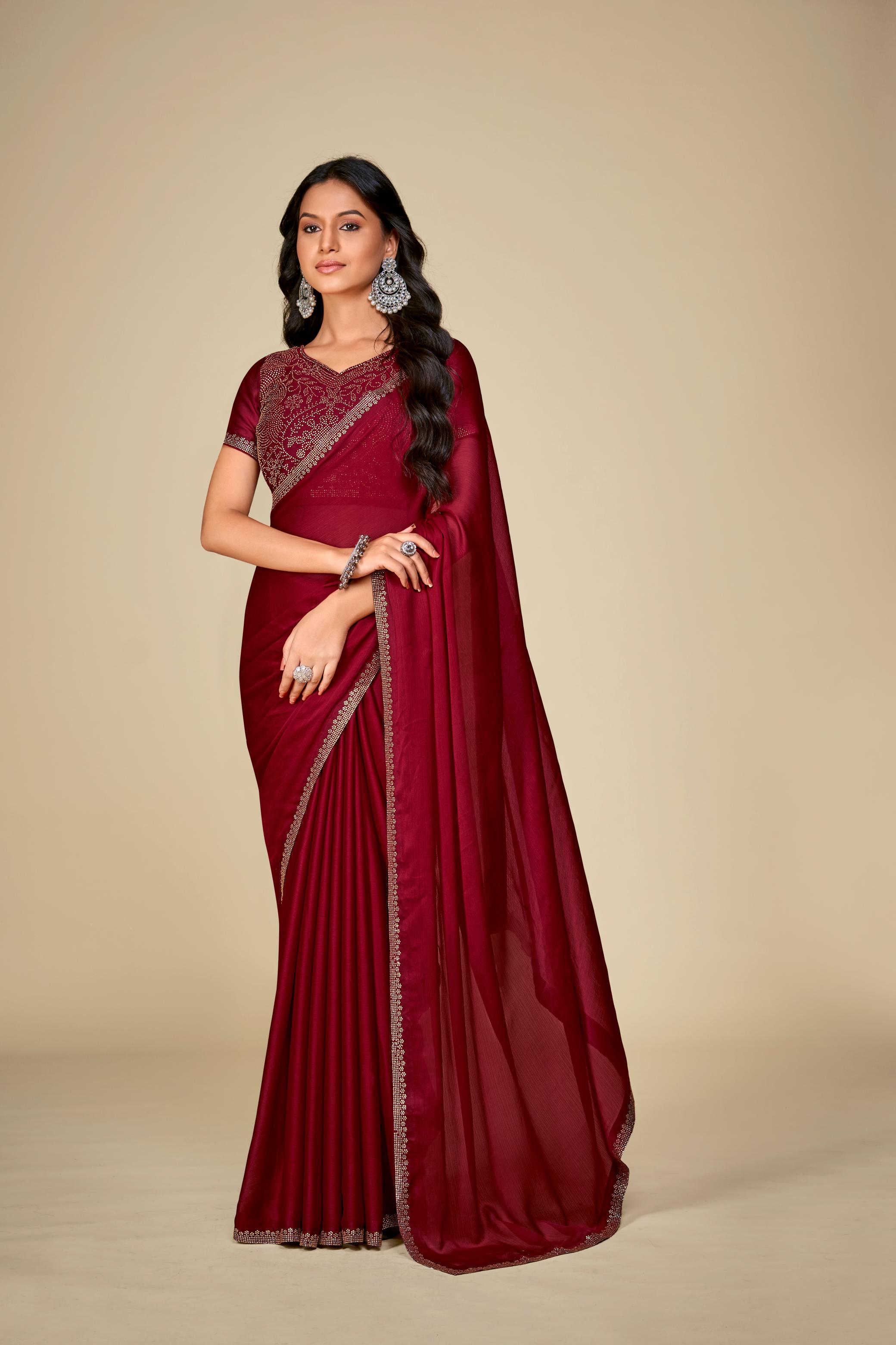 Maroon Satin Chiffon Saree With Stone Work And Full Work Blouse Piece