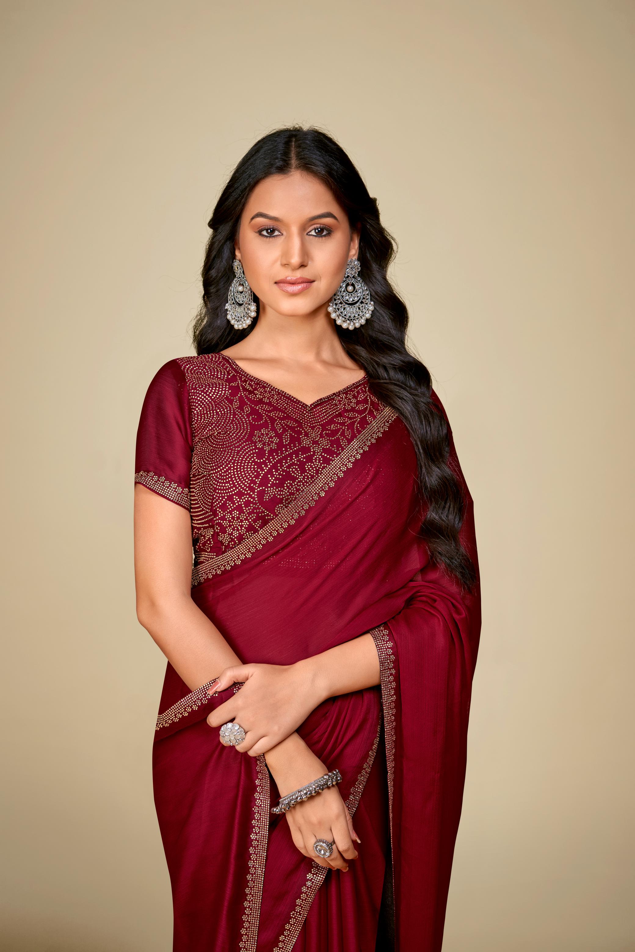 Maroon Satin Chiffon Saree With Stone Work And Full Work Blouse Piece