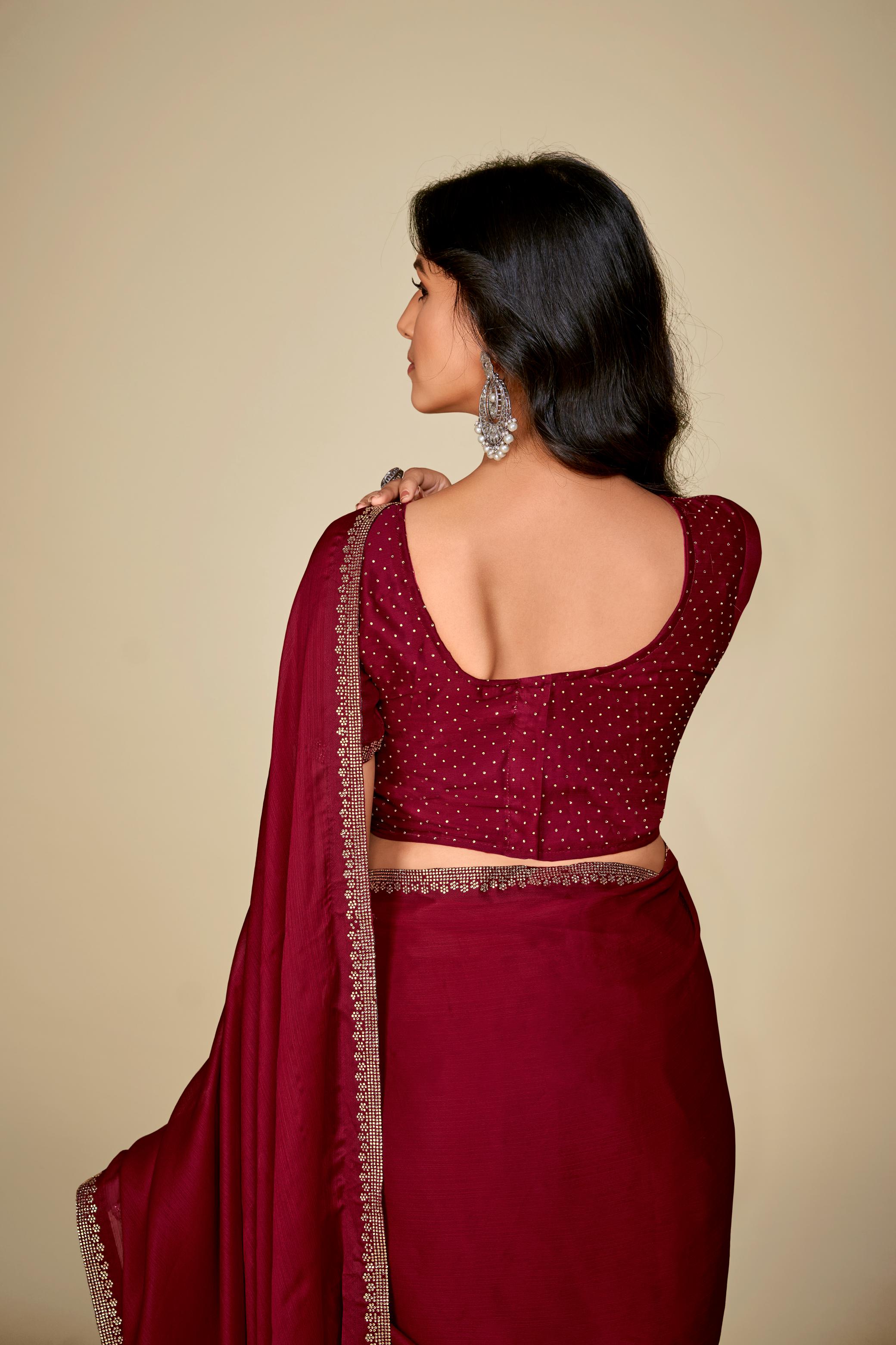 Maroon Satin Chiffon Saree With Stone Work And Full Work Blouse Piece