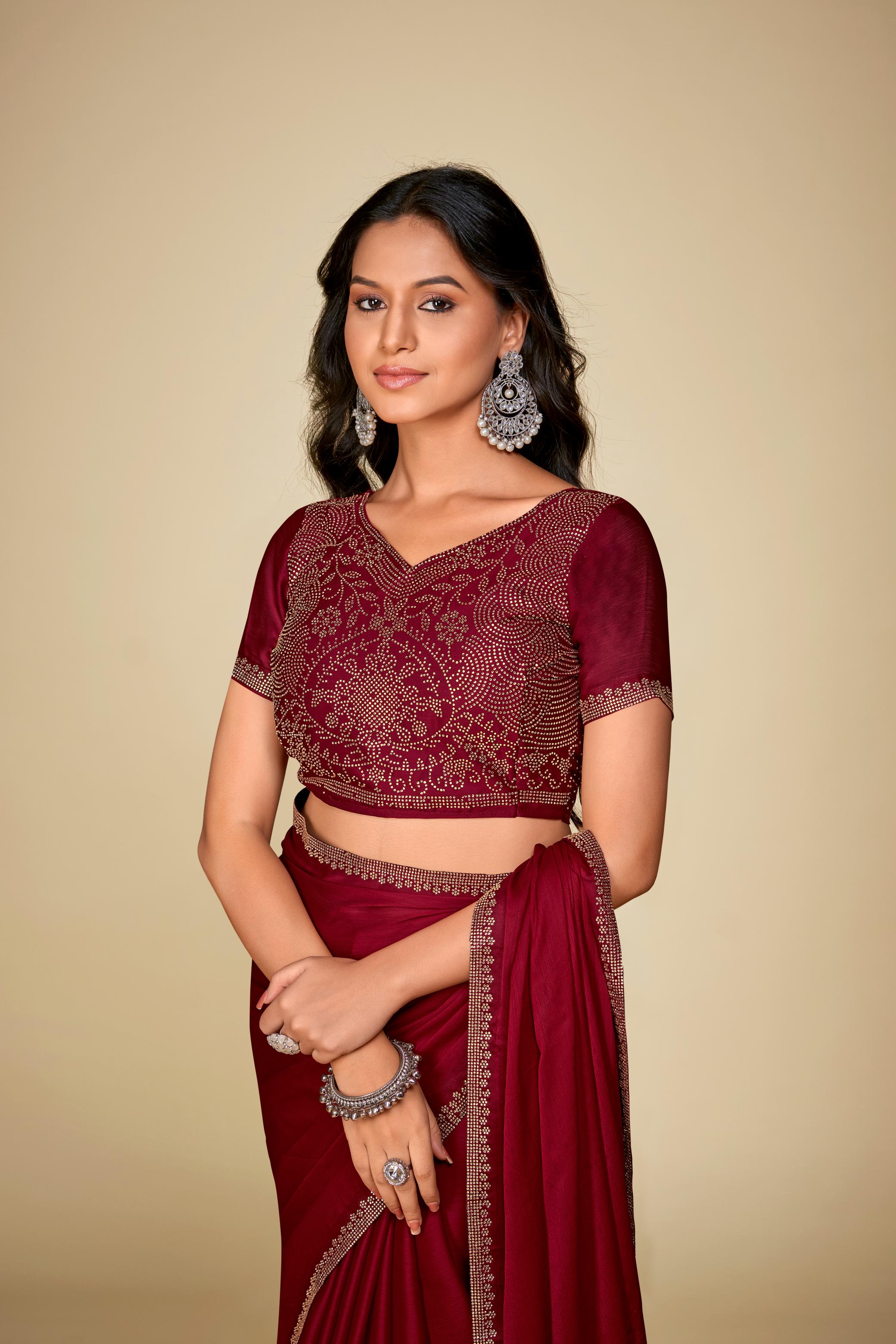 Maroon Satin Chiffon Saree With Stone Work And Full Work Blouse Piece