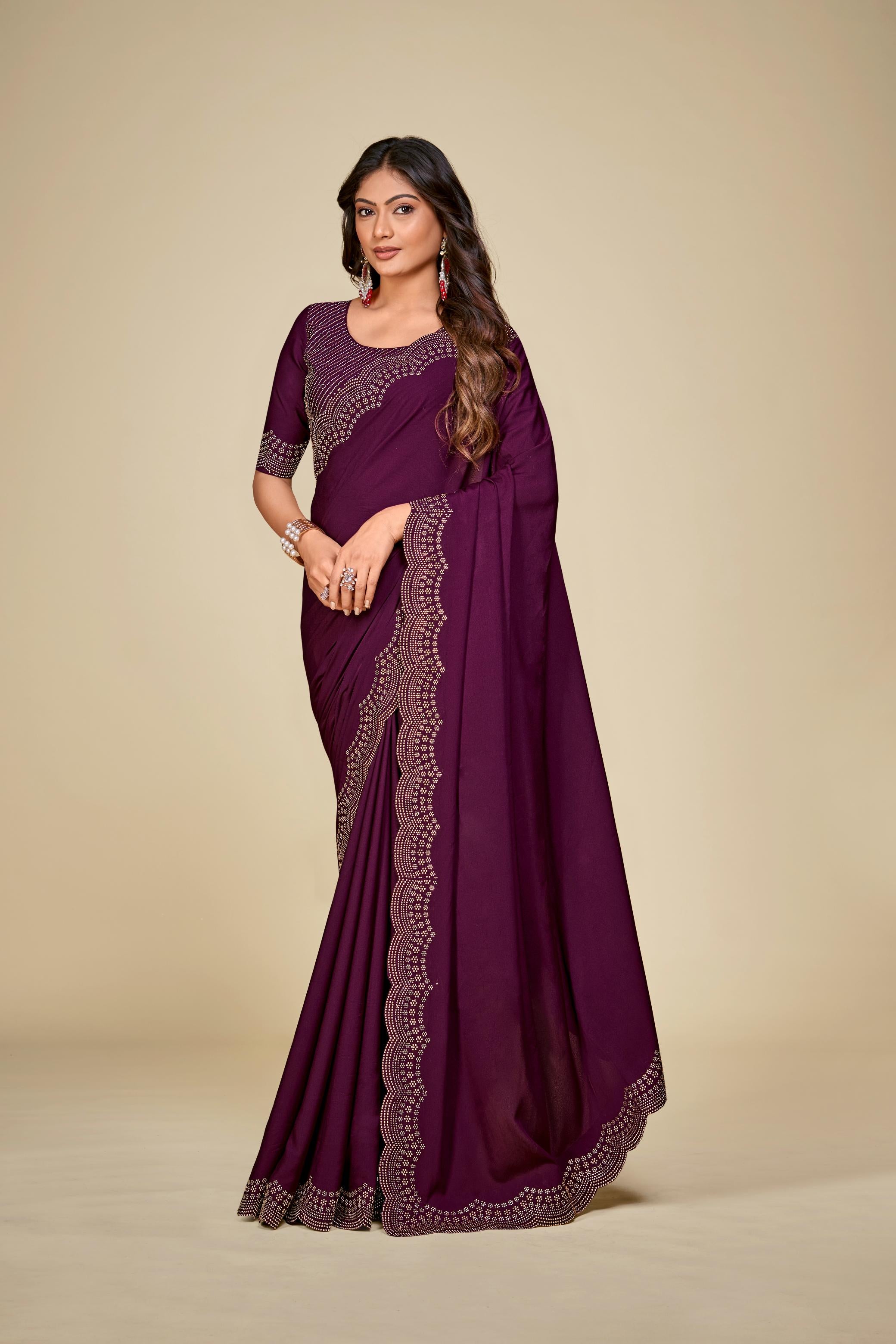 Wine Satin Silk Saree With Stone Work And Full Work Blouse Piece