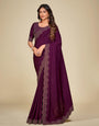 Wine Satin Silk Saree With Stone Work And Full Work Blouse Piece