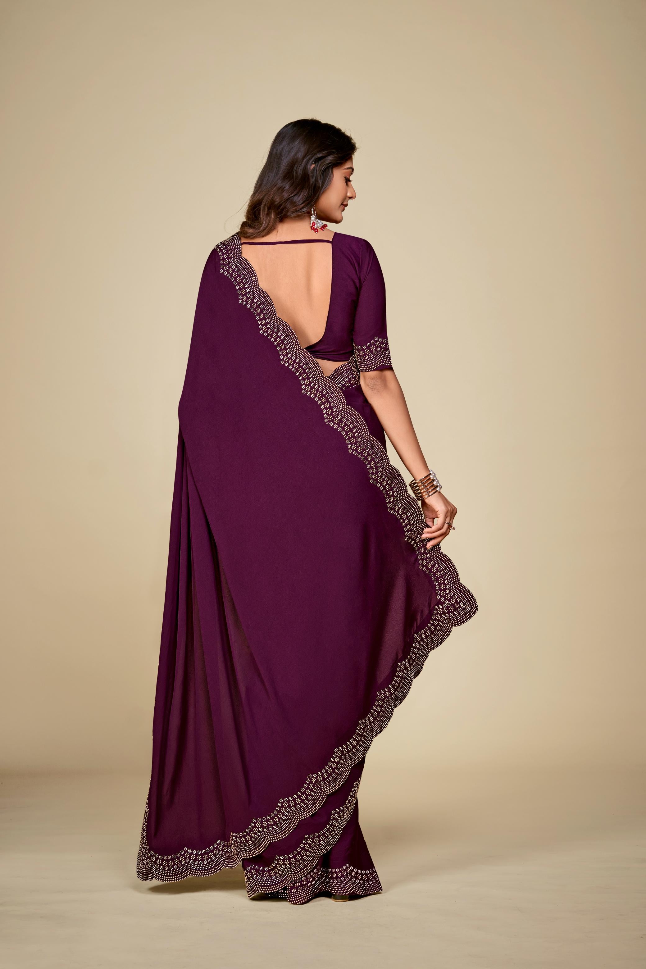 Wine Satin Silk Saree With Stone Work And Full Work Blouse Piece