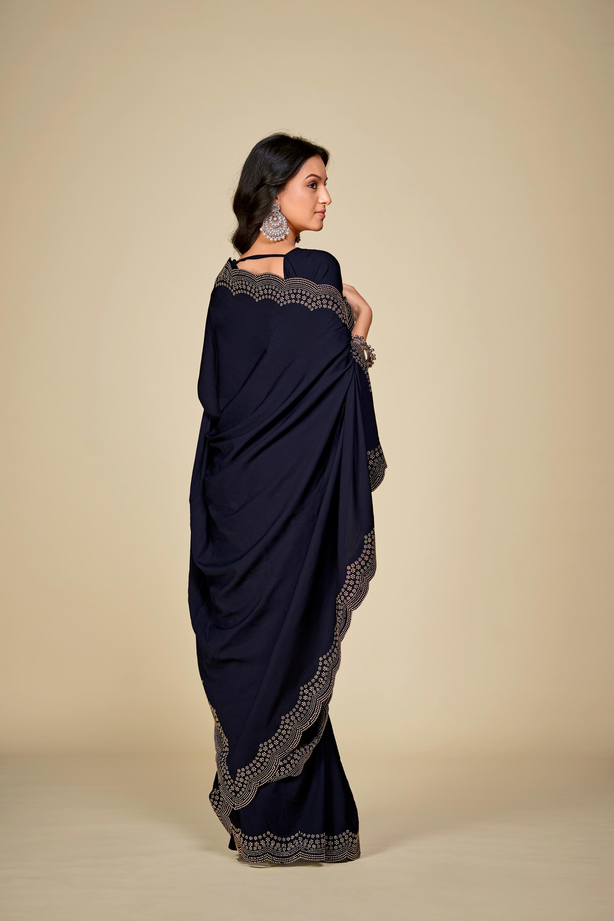 Blue Satin Silk Saree With Stone Work And Full Work Blouse Piece